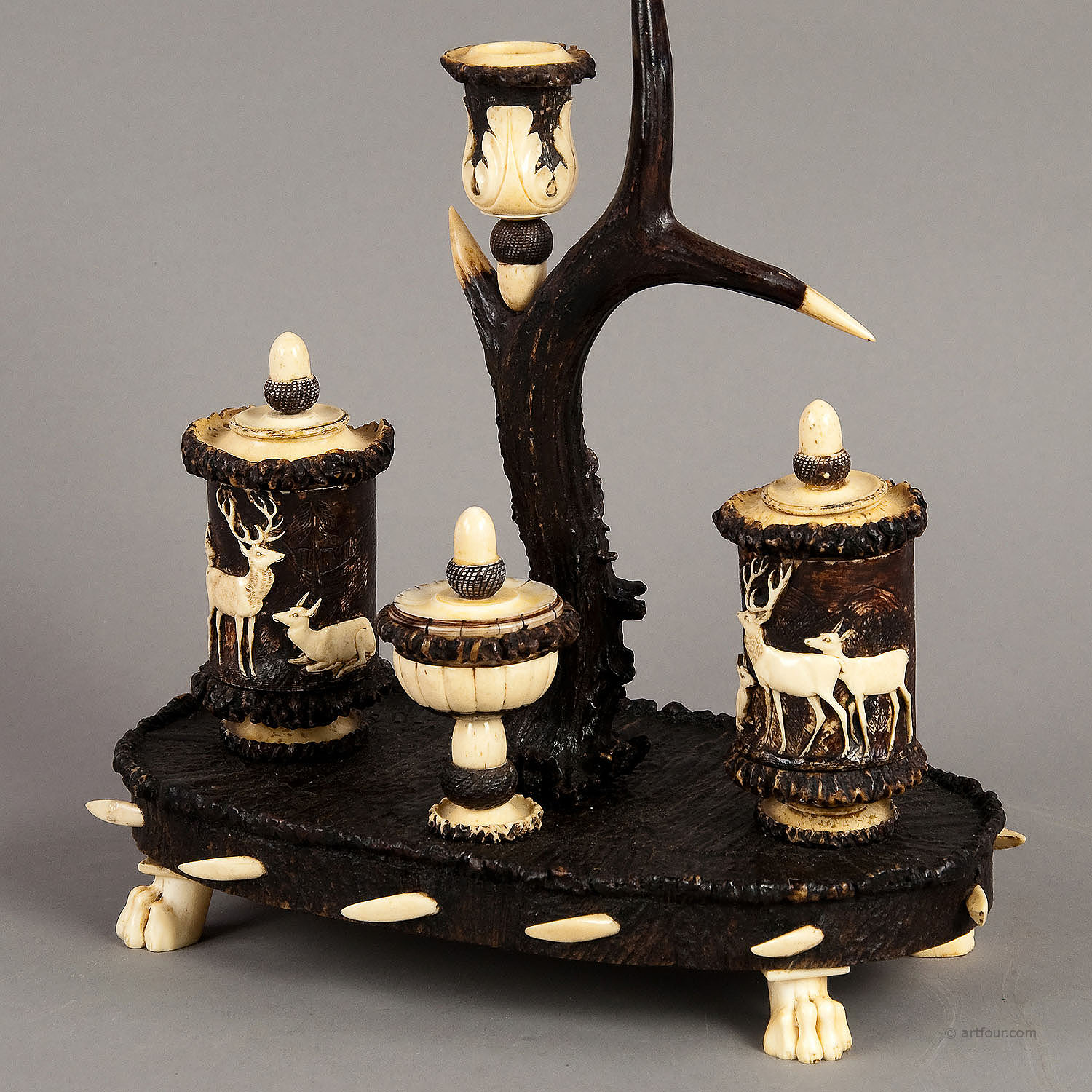 rare carved antler standish ca. 1840