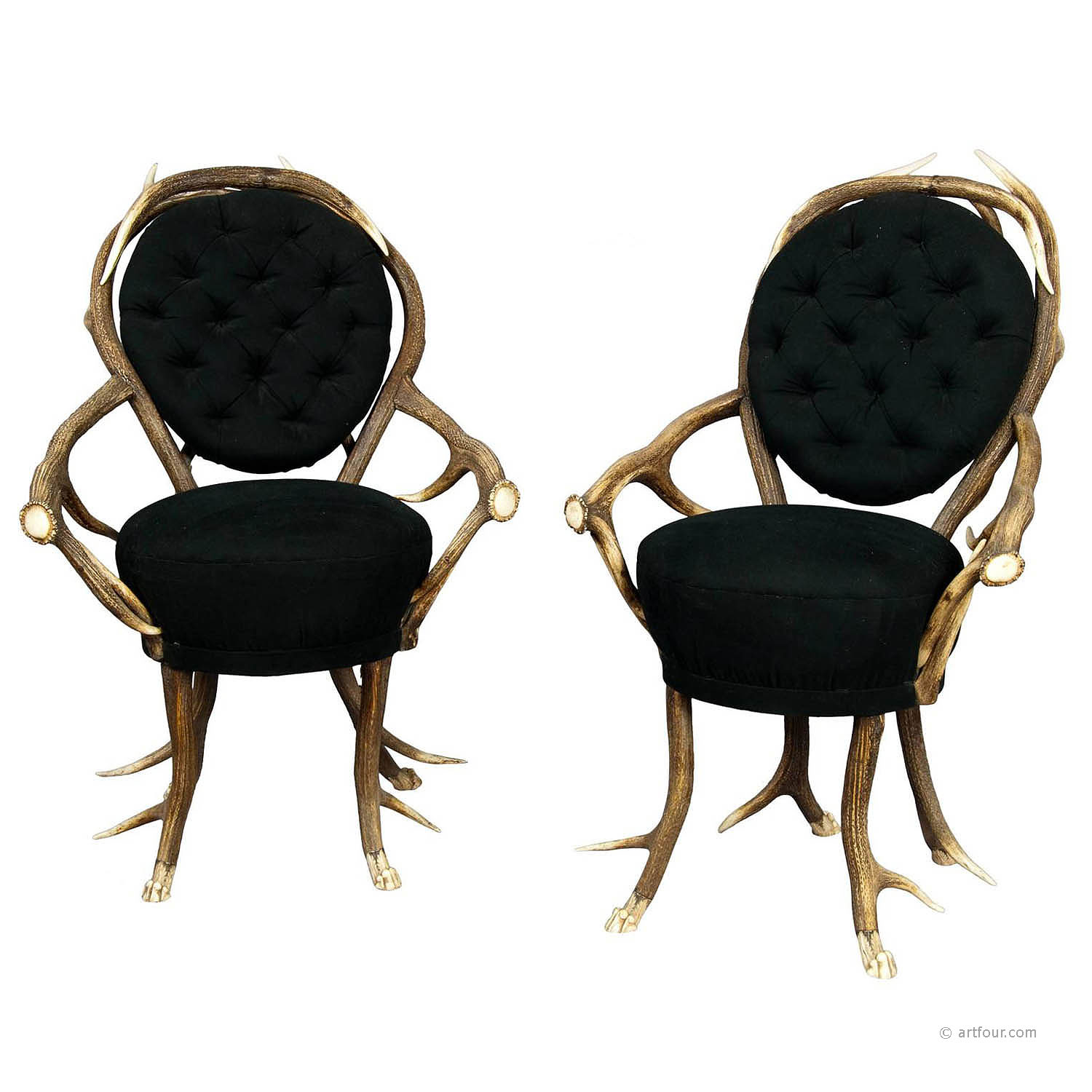 pair of rare antler parlor armchairs, french ca. 1860