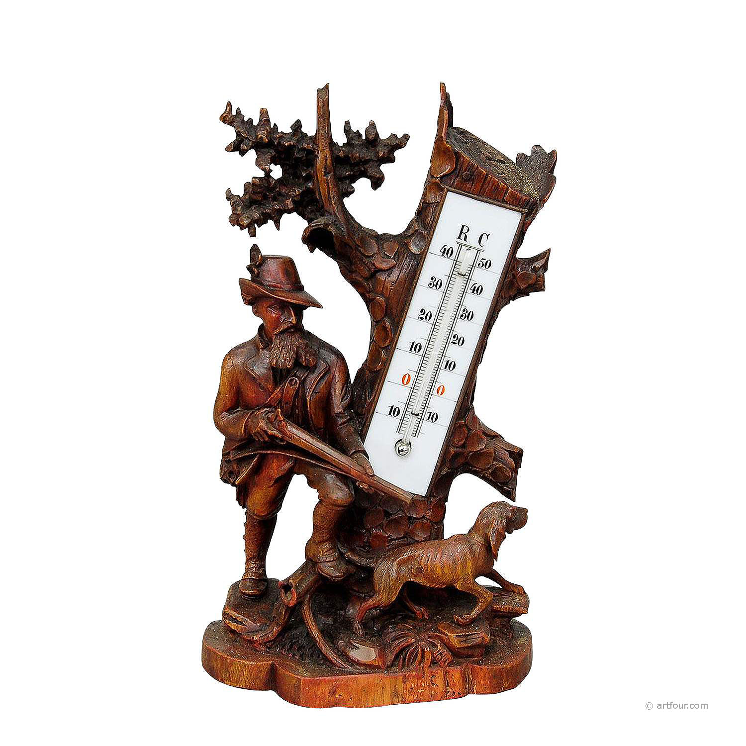 carved wood thermometer stand hunter and staghound 1910