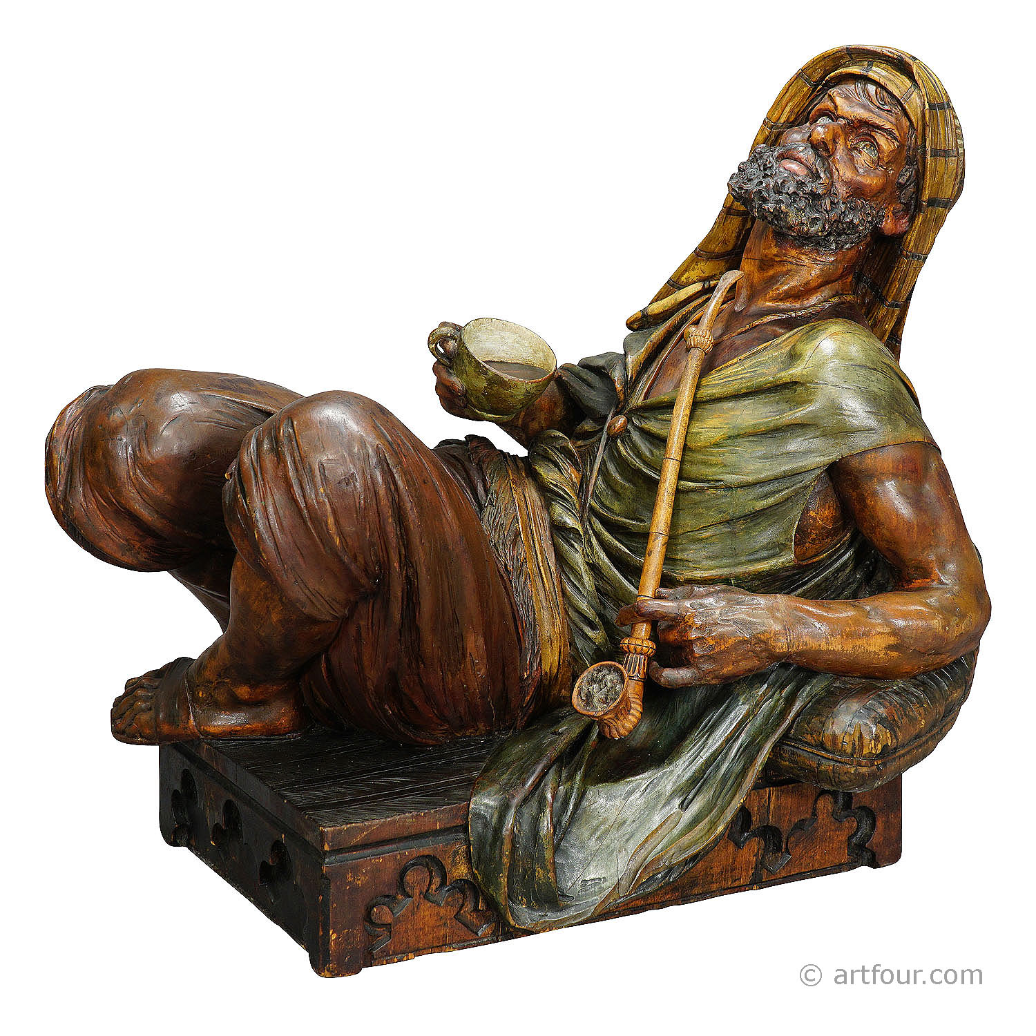 Wooden Carved Sculpture Arab with Coffee and Pipe, Vienna ca. 1900