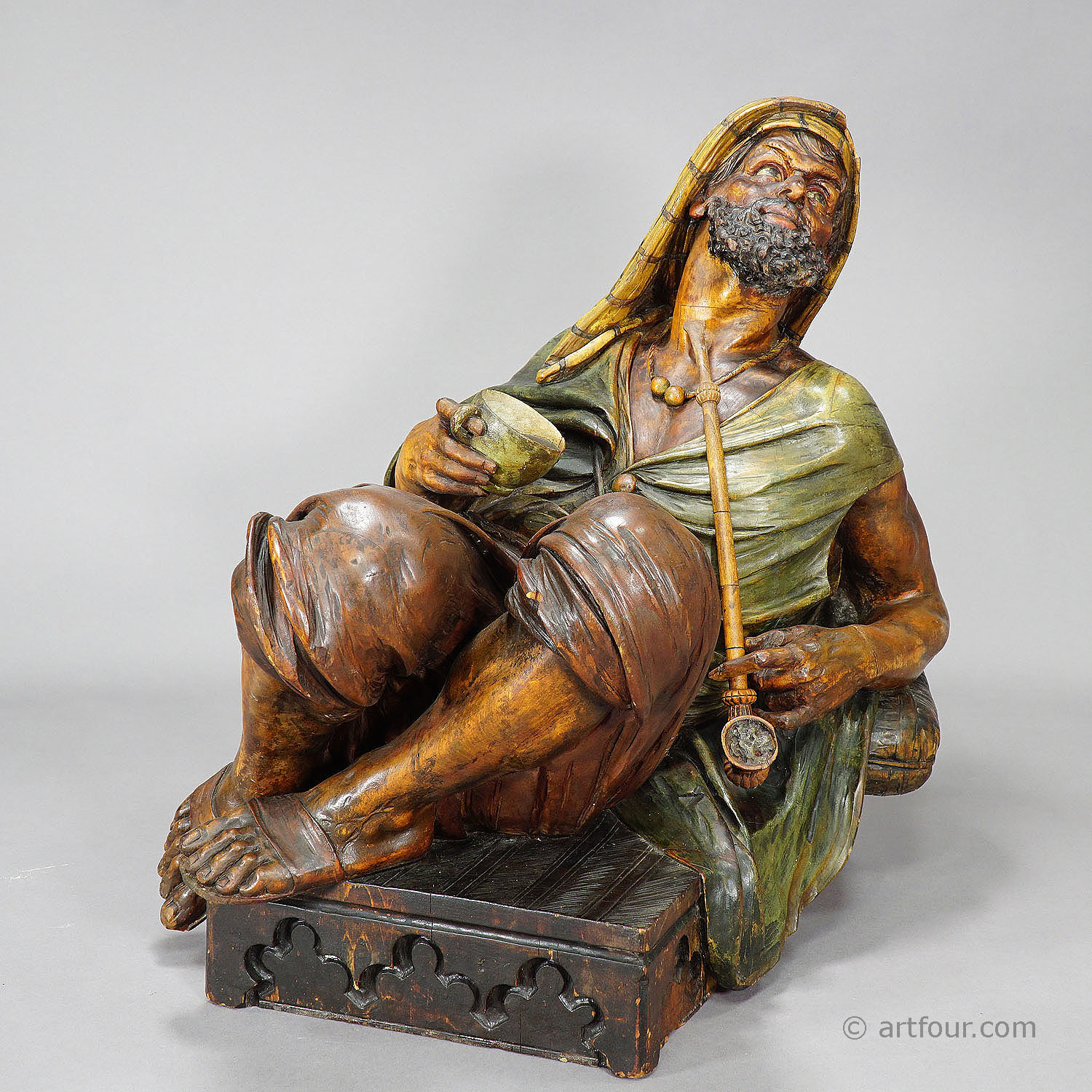 Wooden Carved Sculpture Arab with Coffee and Pipe, Vienna ca. 1900