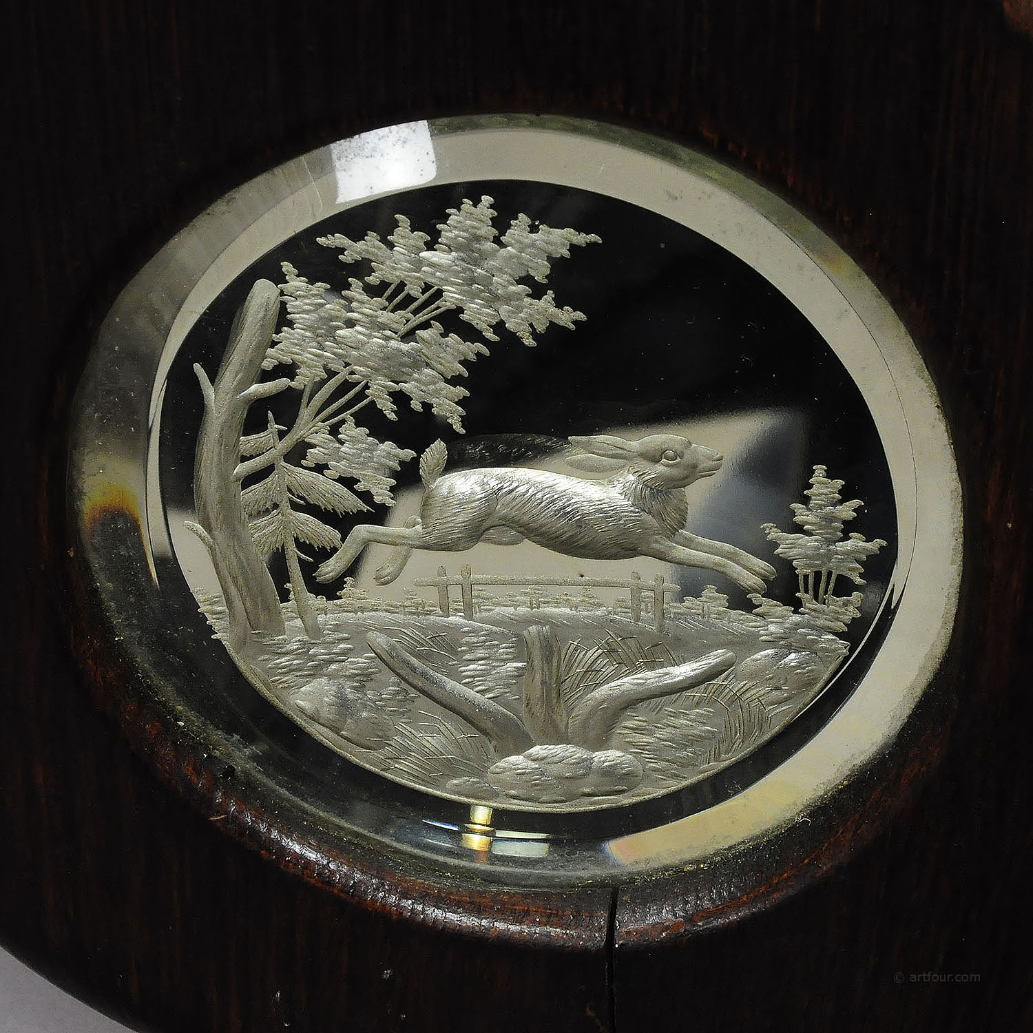 Large Black Forest Wall Mirror with Hunting Scenes Engravings ca. 1910