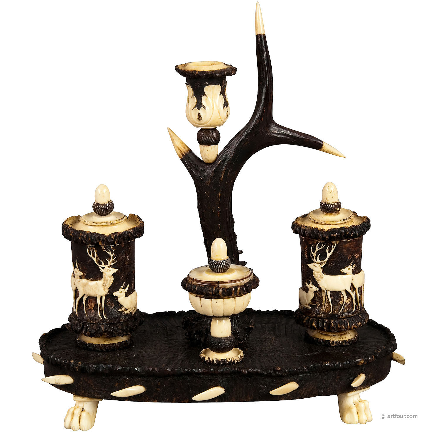 Rare Antler Desk Standish with Elaborate Carvings, Germany ca. 1840