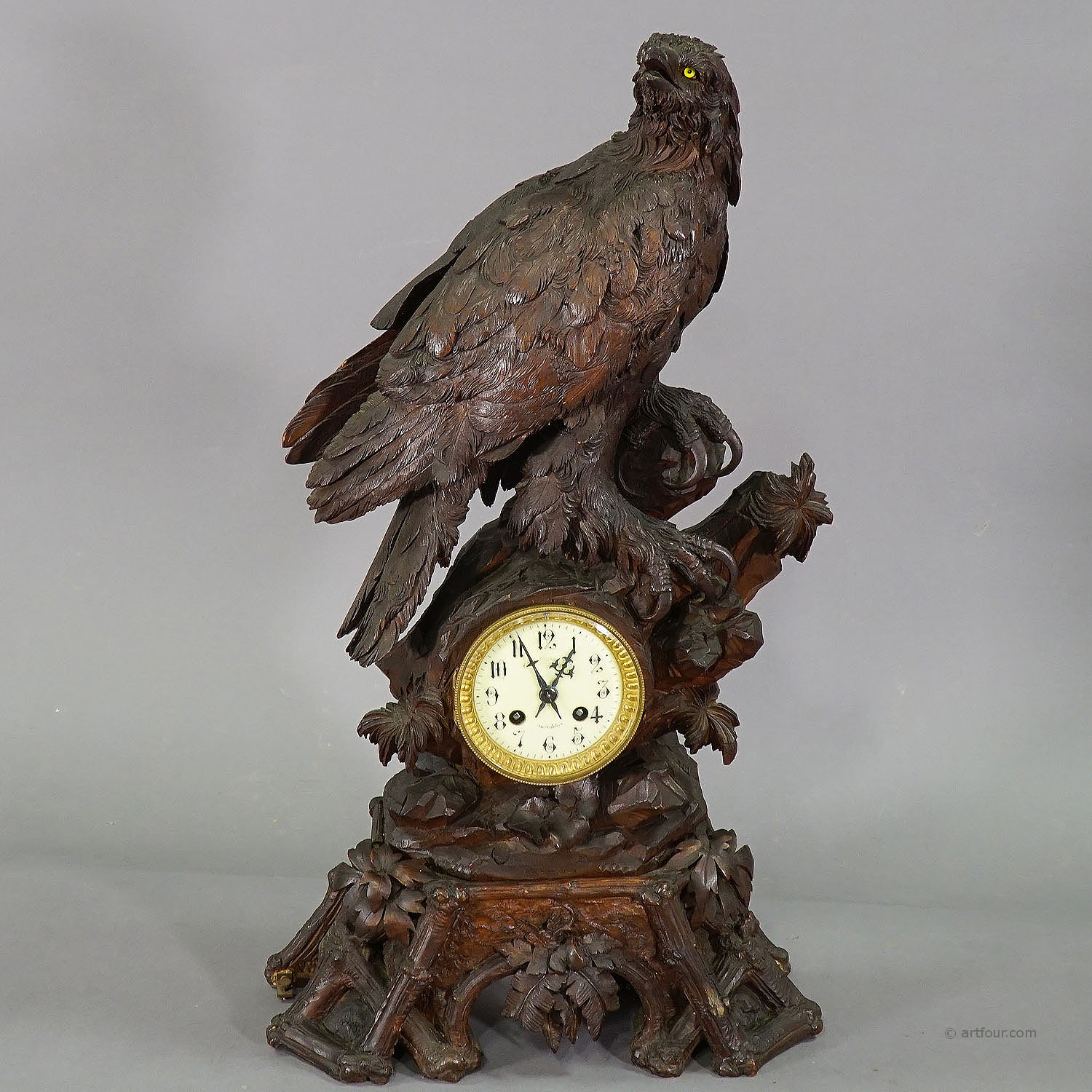 antique carved wood eagle table clock swiss 1900
