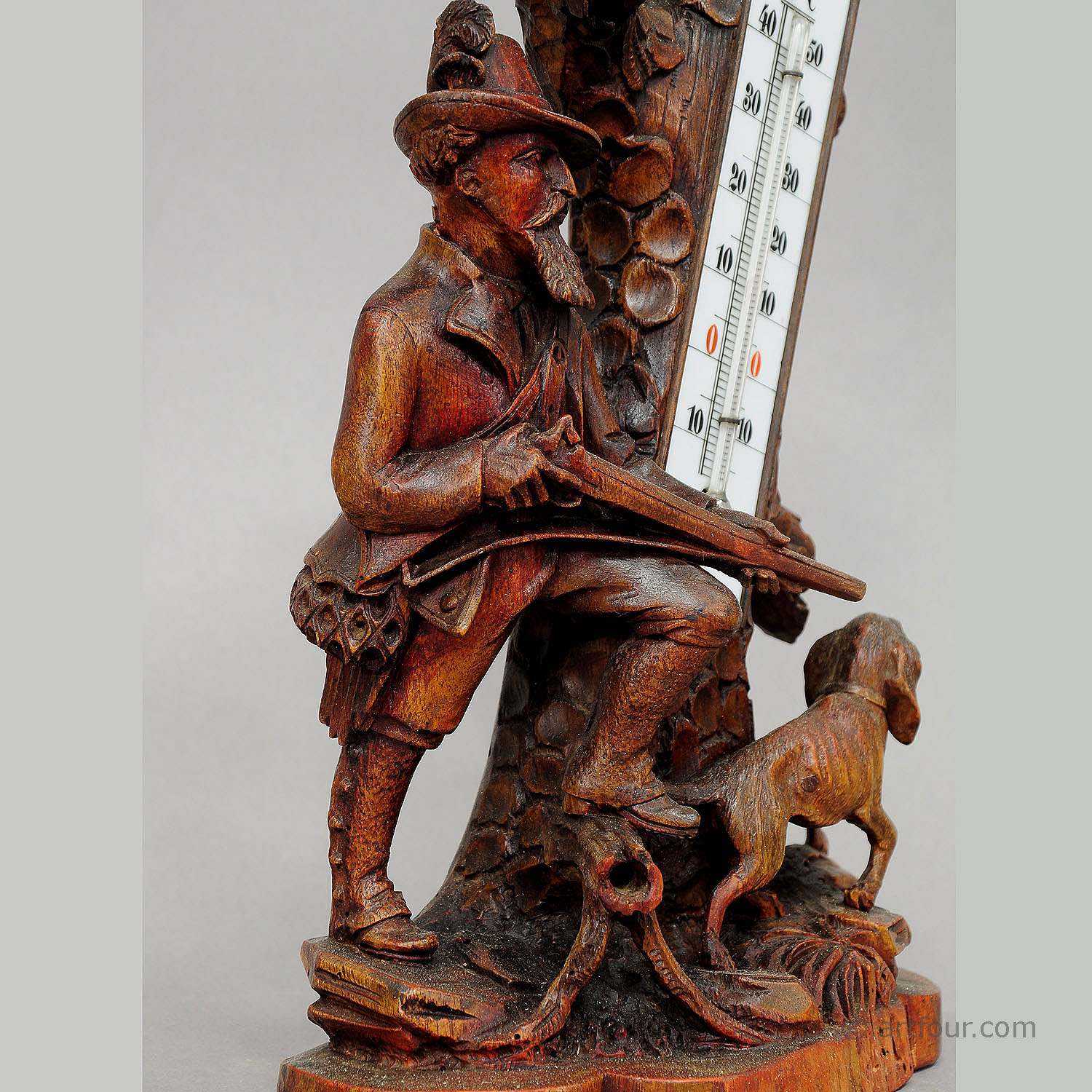Finely Carved Wood Thermometer Stand Hunter and Staghound 1910