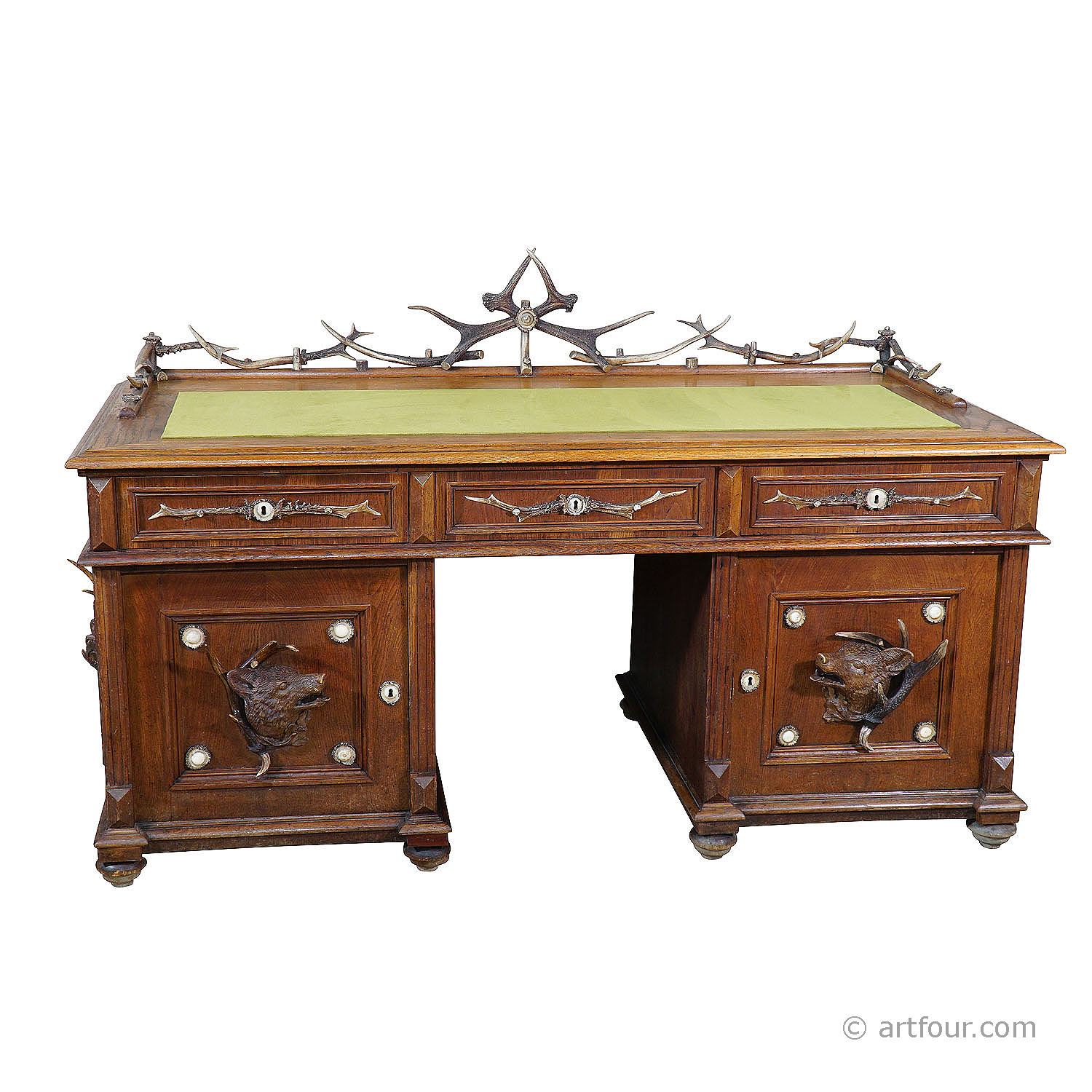 Large Oak Wood Desk with Antler Decorations by Rudolf Brix 1900