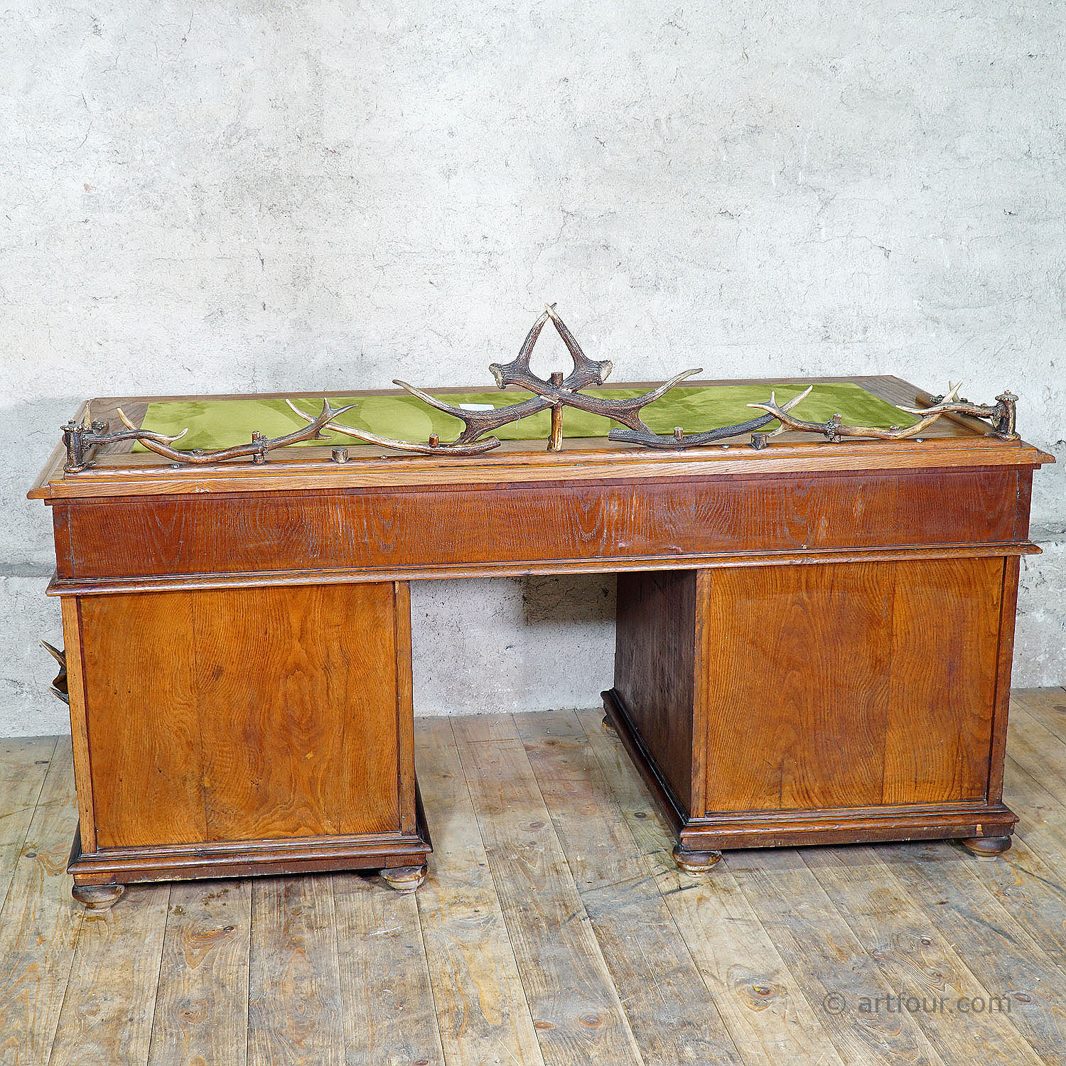 Large Oak Wood Desk with Antler Decorations by Rudolf Brix 1900