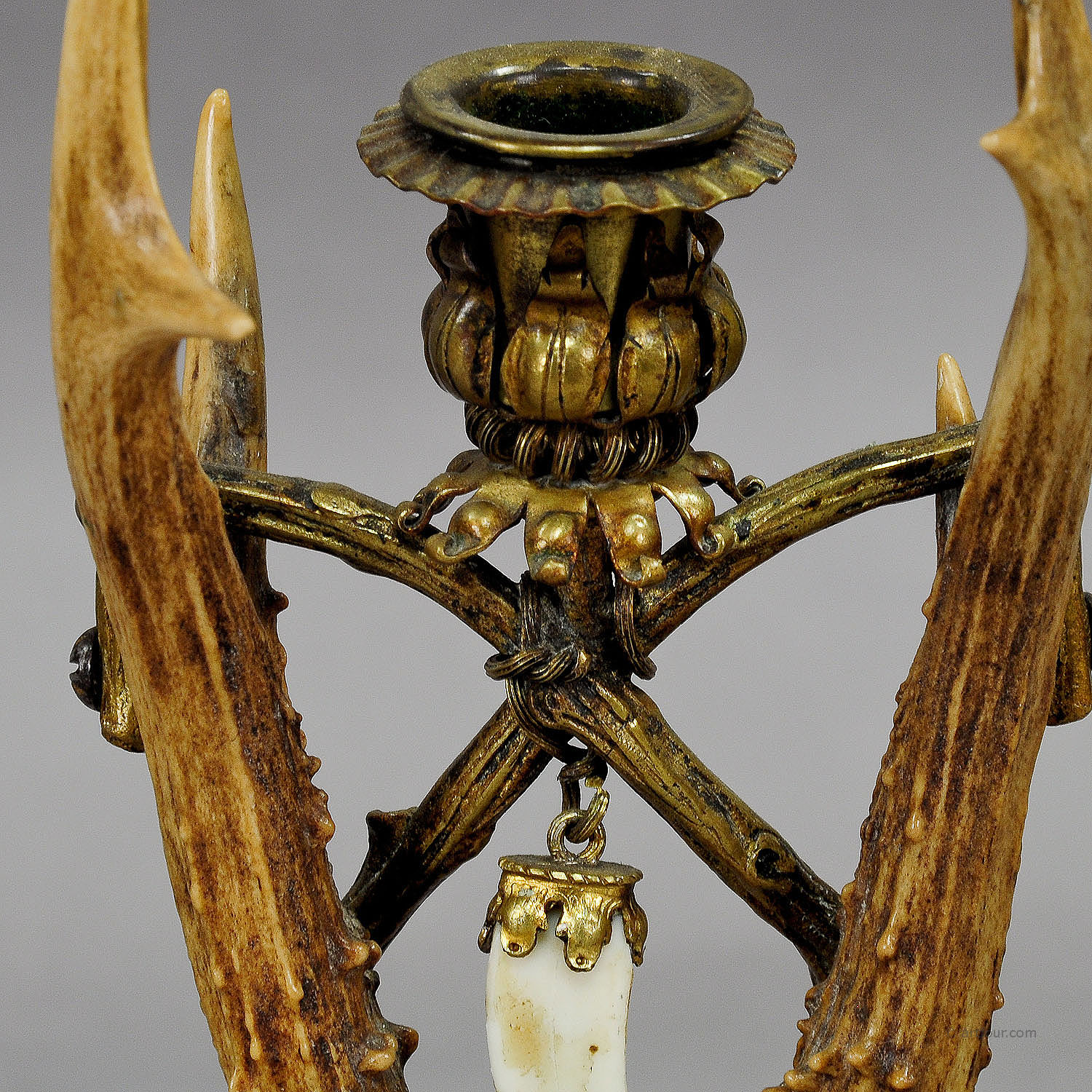 Lodge Style Antler Candleholder with Handforged Brass Base ca. 1880