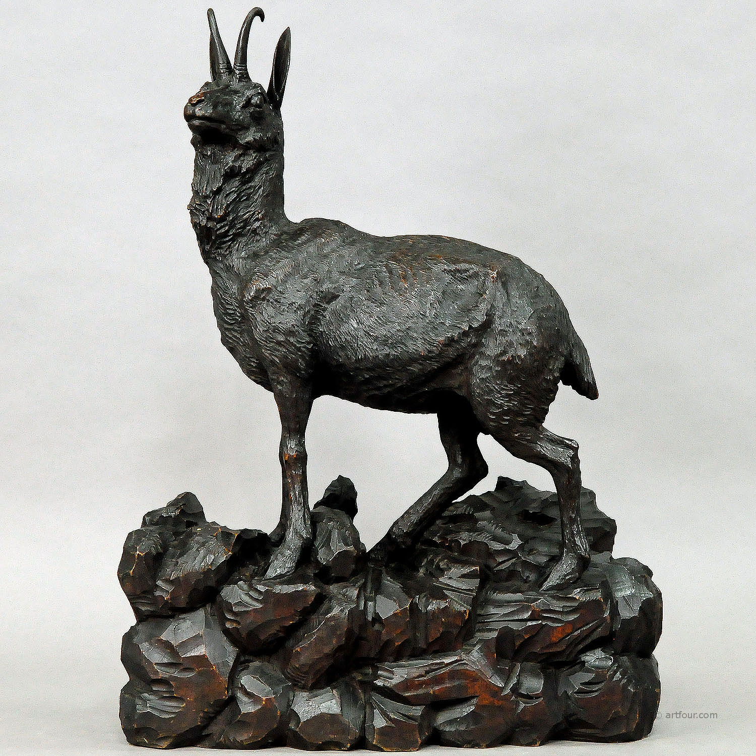 Large Carved Wood Chamois Sculpture, Black Forest ca. 1900