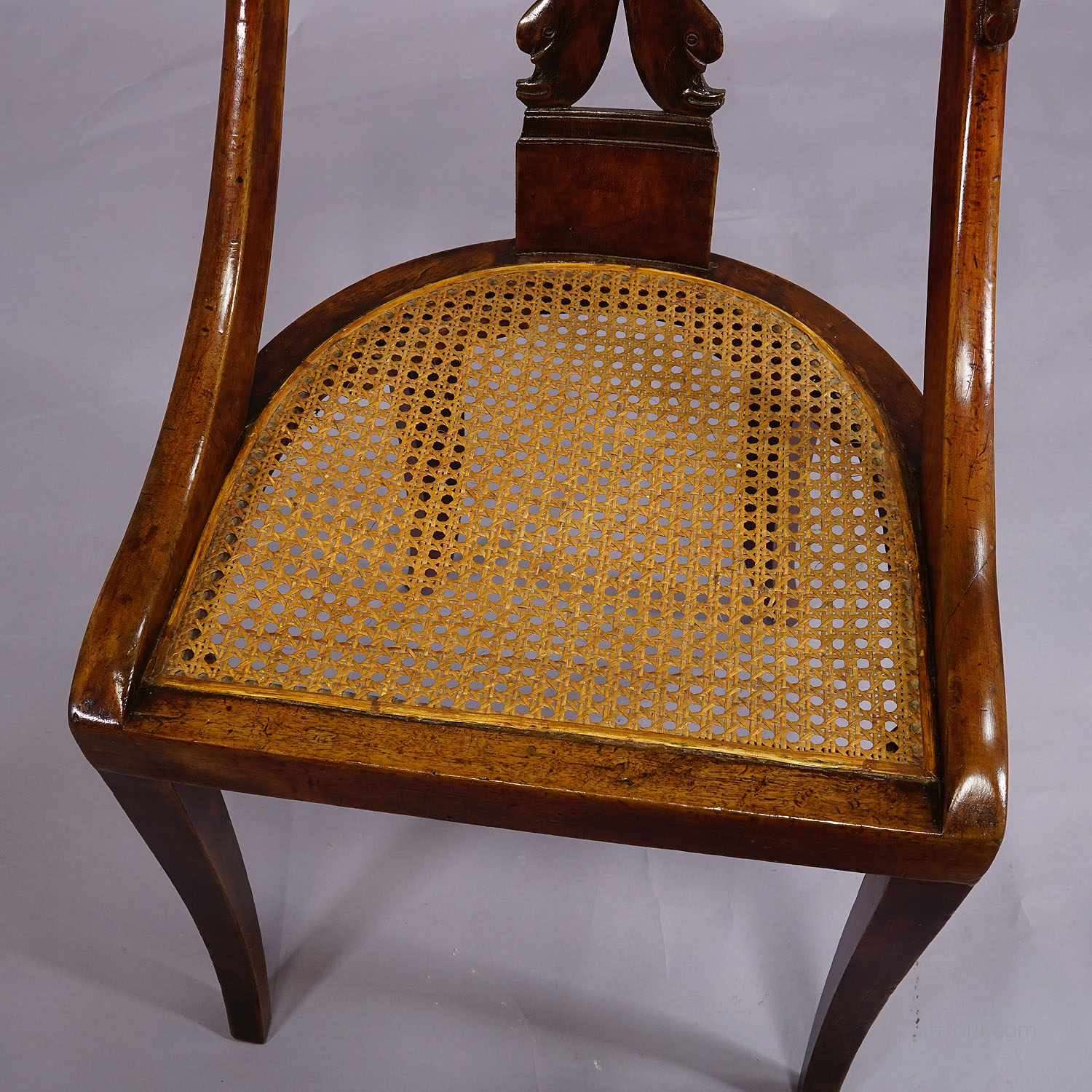 Pair of Hand-Crafted Biedermeier Chairs with Swan and Dolphin Backrests