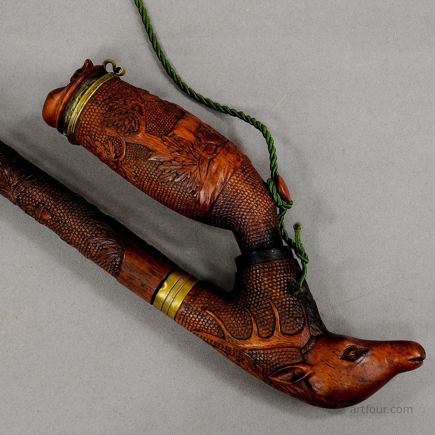 Antique Carved Wood Tobacco Pipe with Excellent Dog and Deer Head Carving