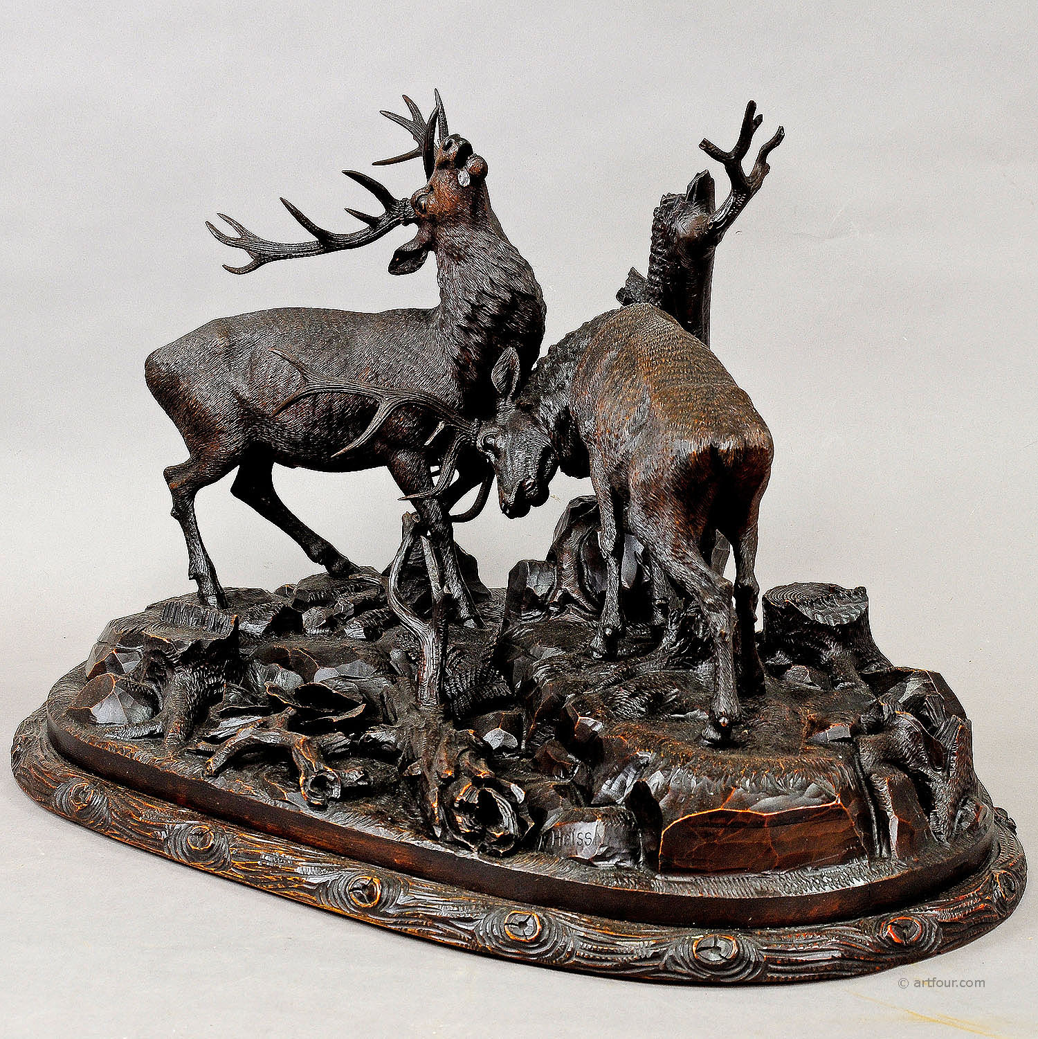 Grandiose Carved Wood Fighting Stags by Rudolph Heissl