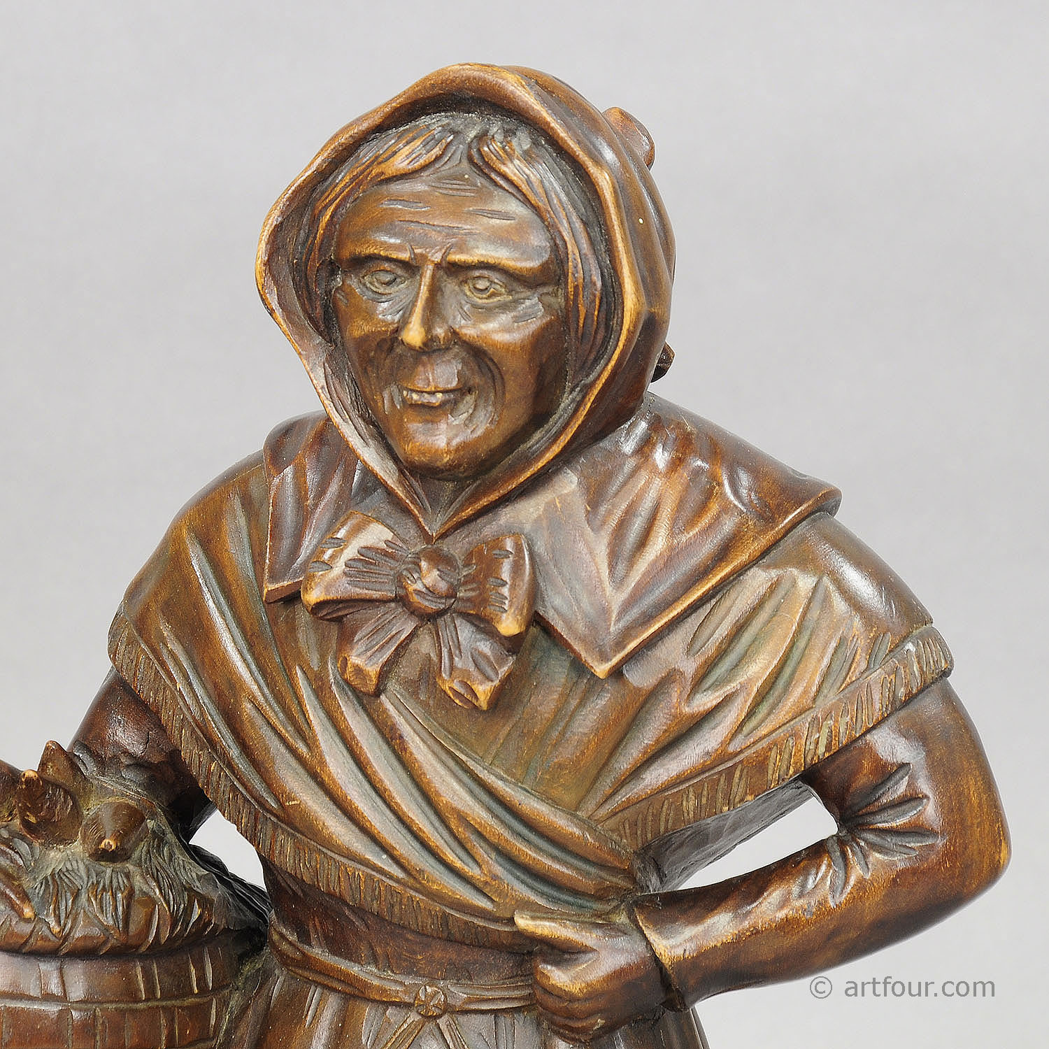 Antique Wooden Carved Sculpture of a Folksy Countrywoman