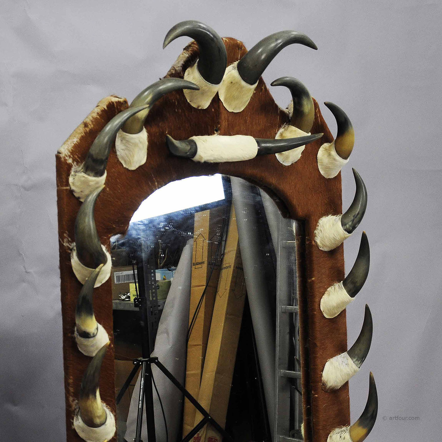 Large Hall Mirror with Cow Horn Decorations and Console Table, Austria 1870
