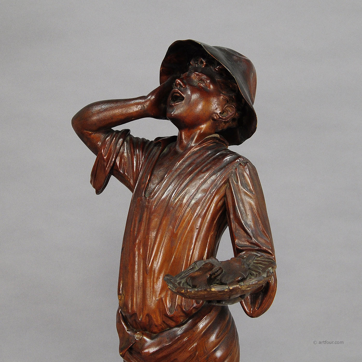 Antique Wooden Carved Statue of a Young Fisherman