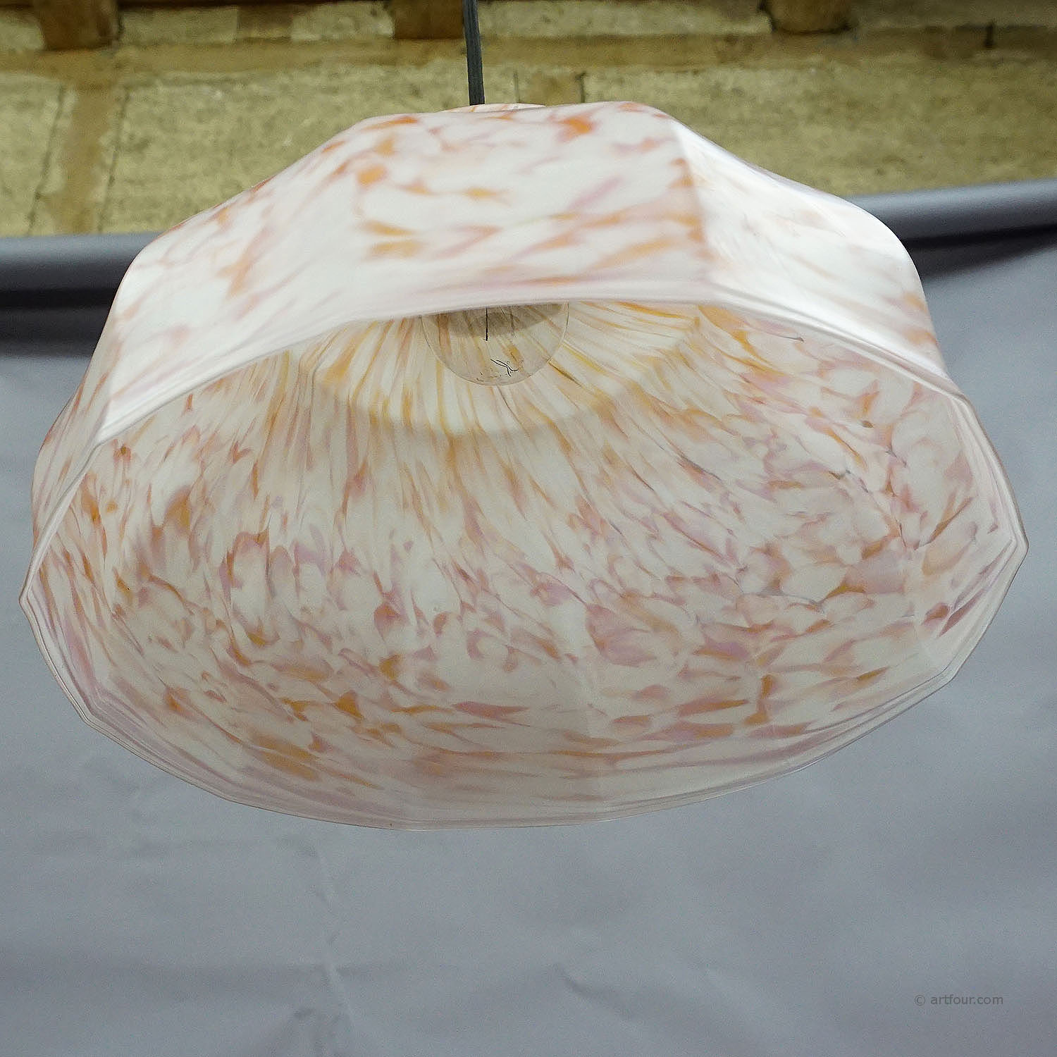 Vintage Pendant Light with White and Antique Pink Glass Shade ca. 1950
