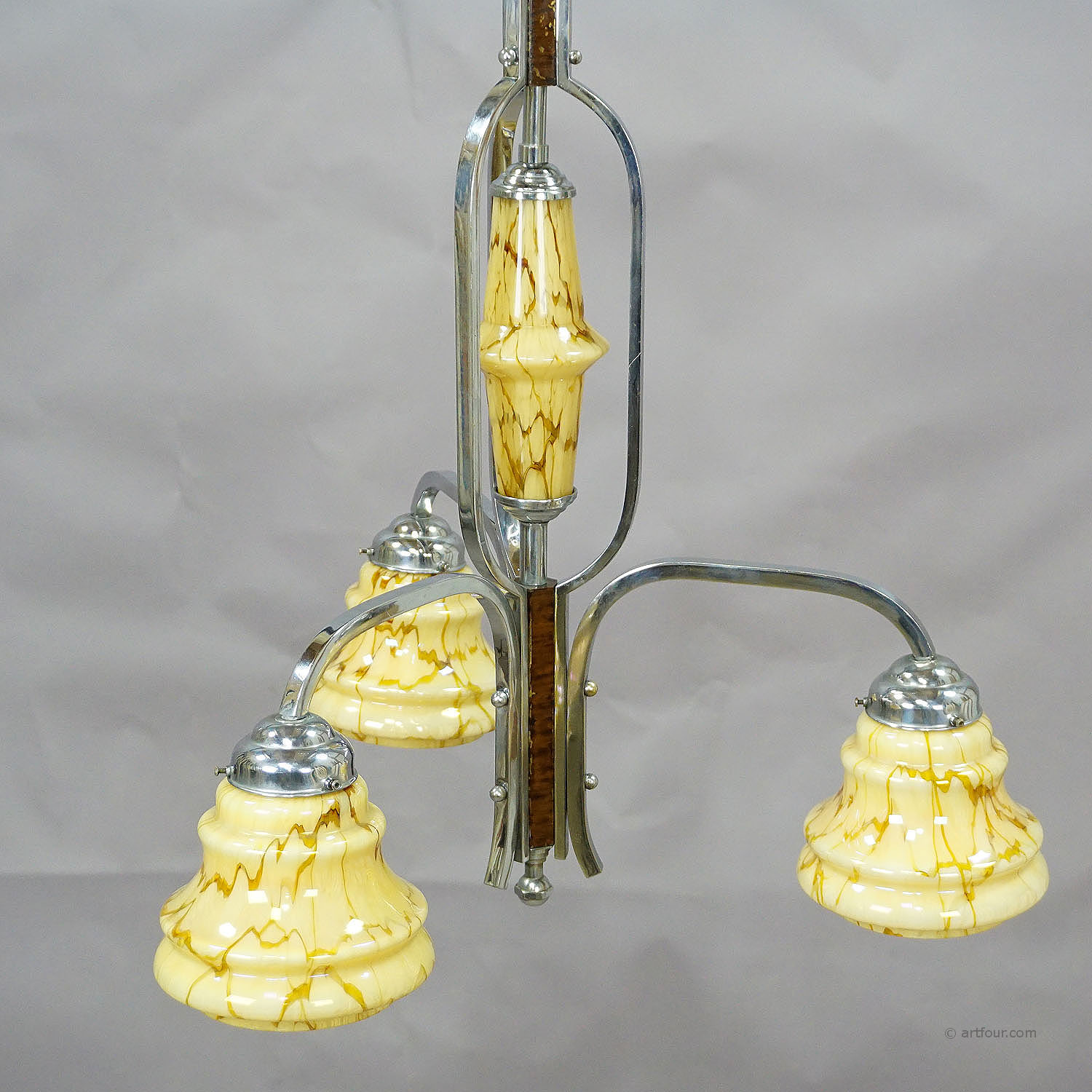Antique Art Deco Chandelier with Three Glass Shades