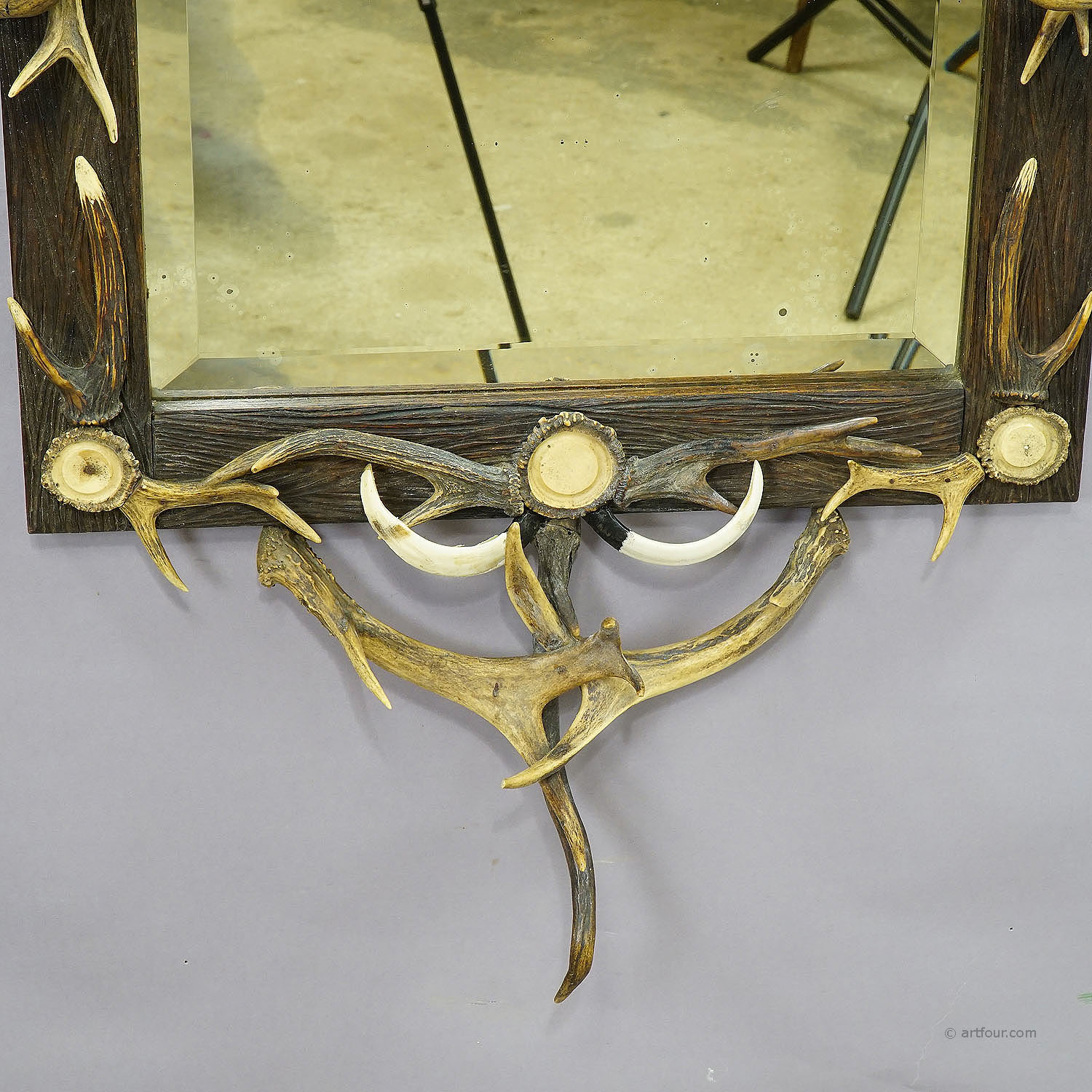 Large Antique Mirror with Rustic Antler Decorations