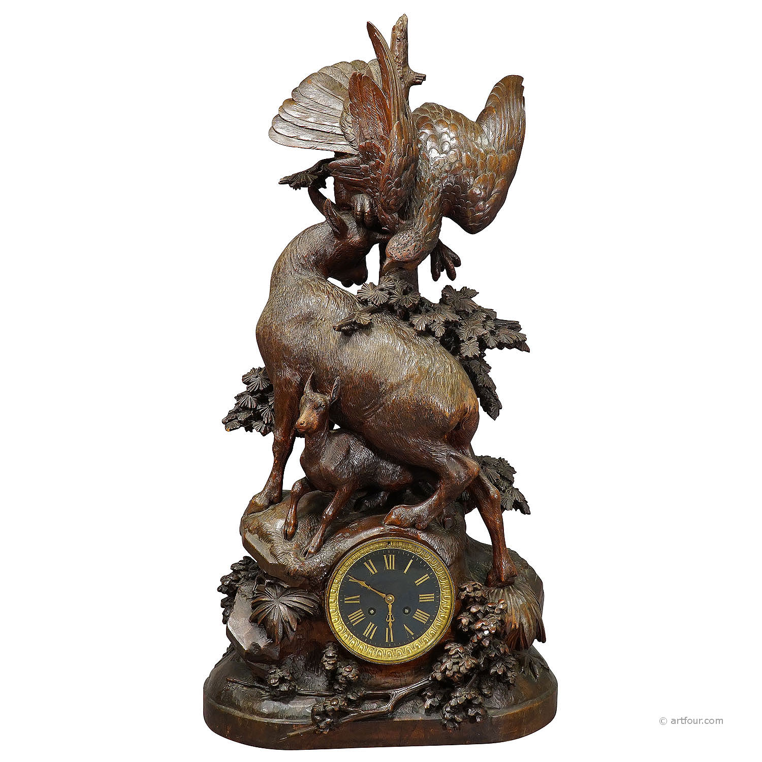 Antique Mantel Clock with Eagle and Chamois Family, ca. 1900