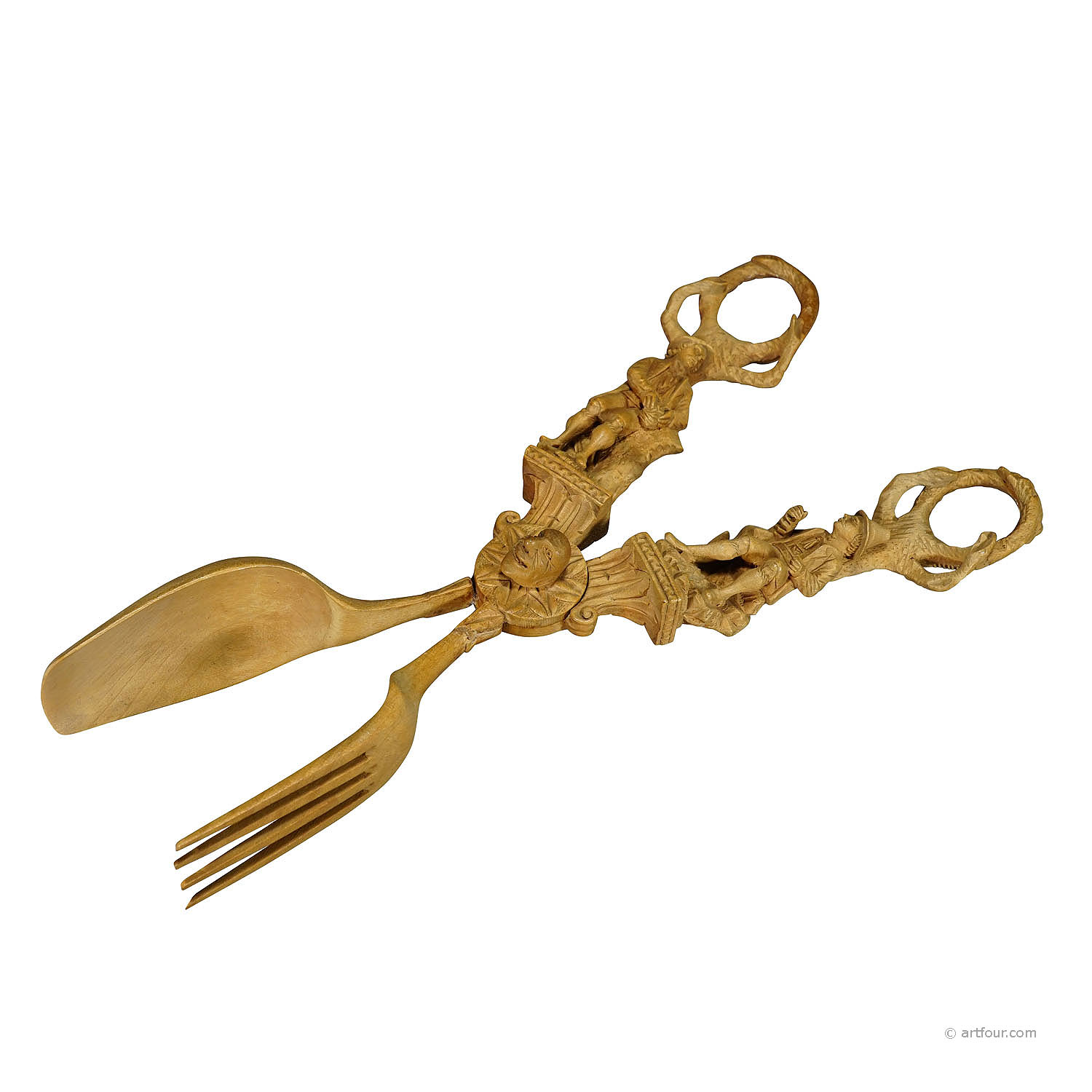 Antique Wooden Carved Fork and Spoon Pasty Tongs, Brienz ca. 1860