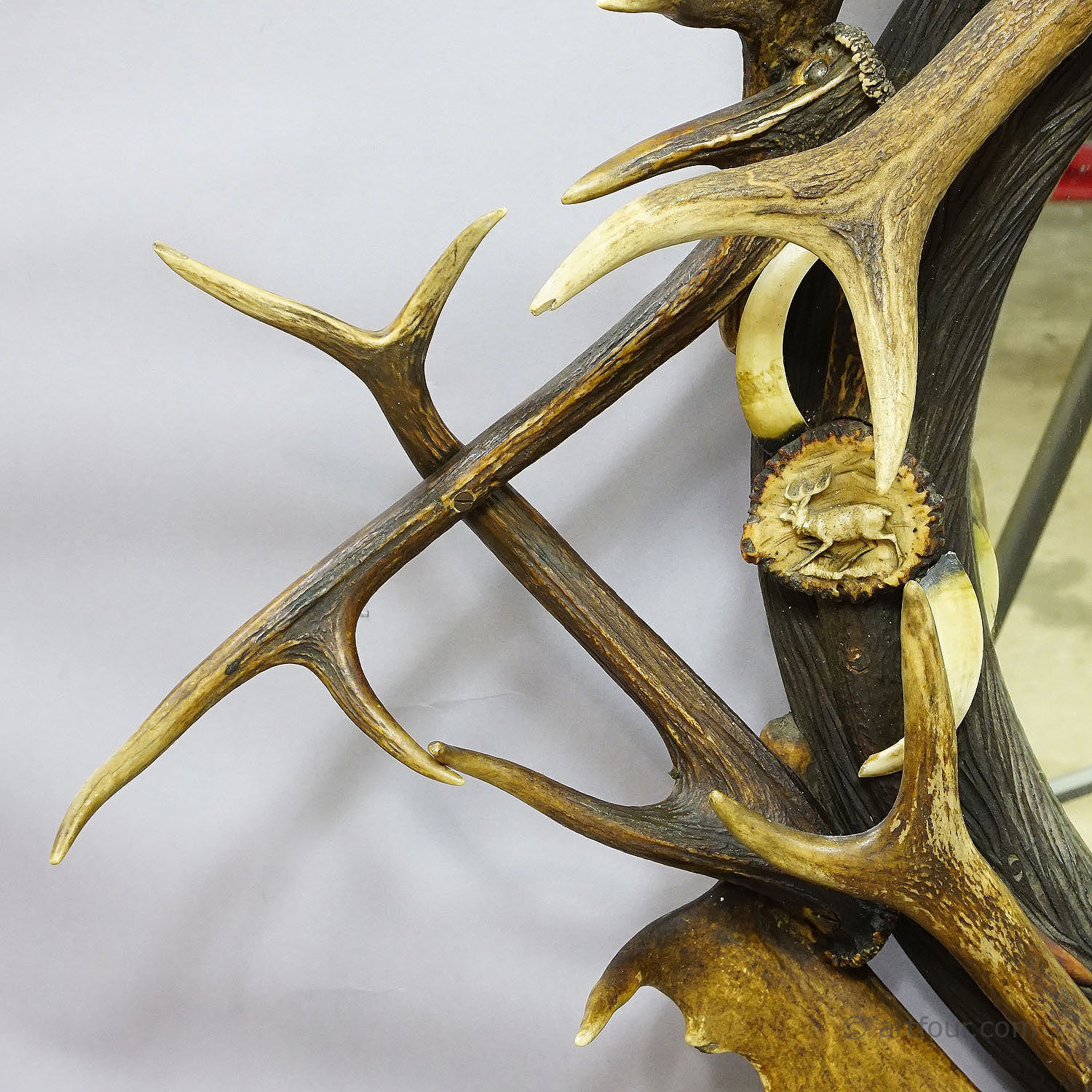 Antique Black Forest Mirror with Rustic Antler Decorations ca. 1900