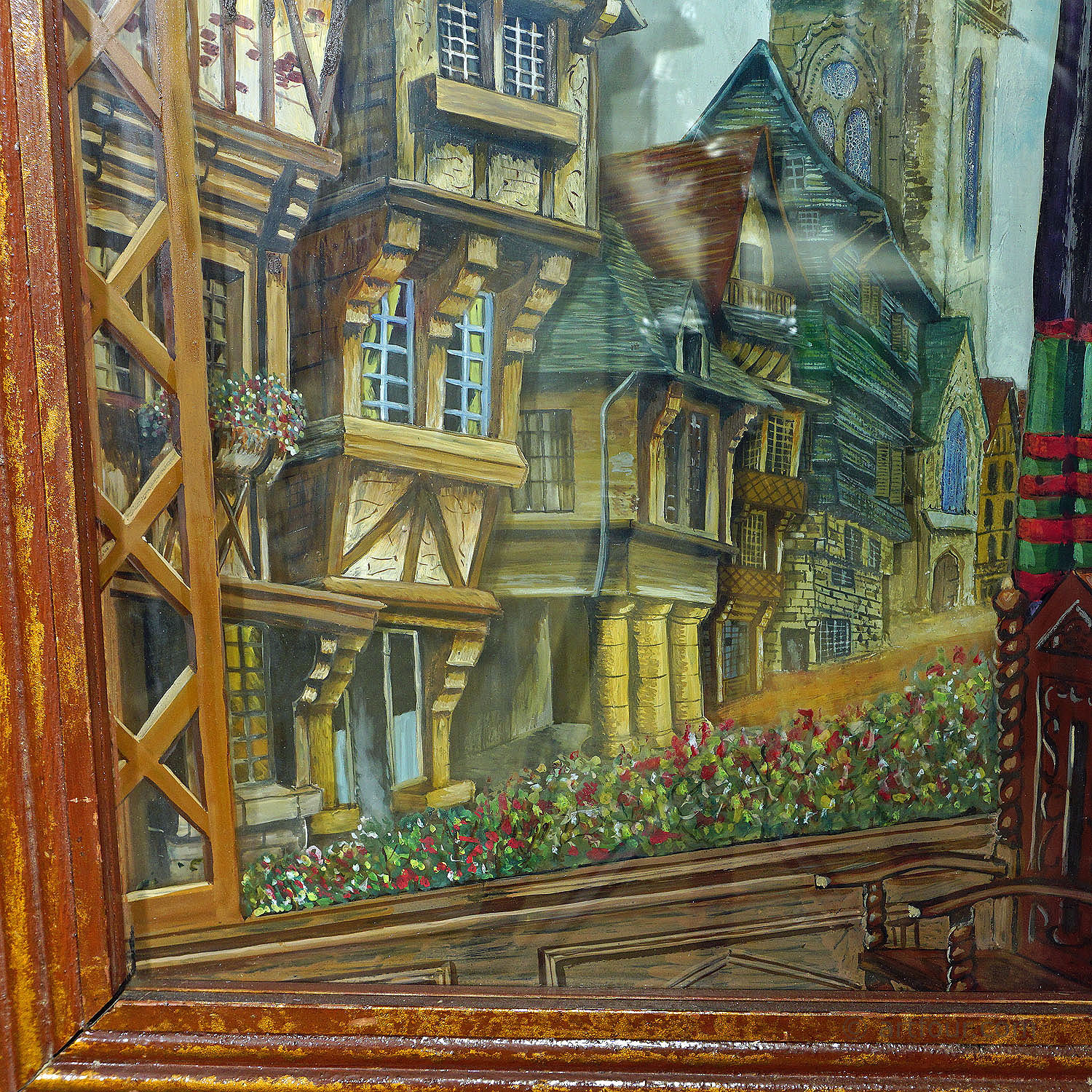 Antique Black Forest Glass Diorama with Handpainted Medieval City ca. 1900