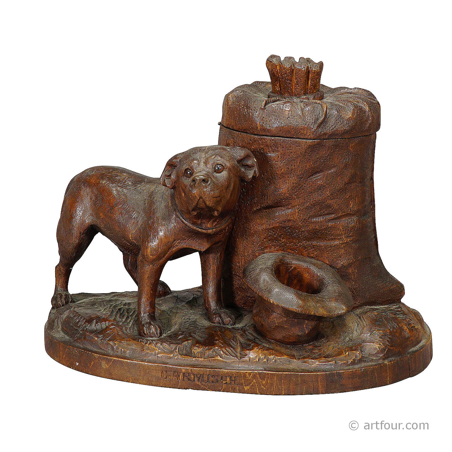 Wooden Carved Tobacco Box with Boxer, Switzerland ca. 1900