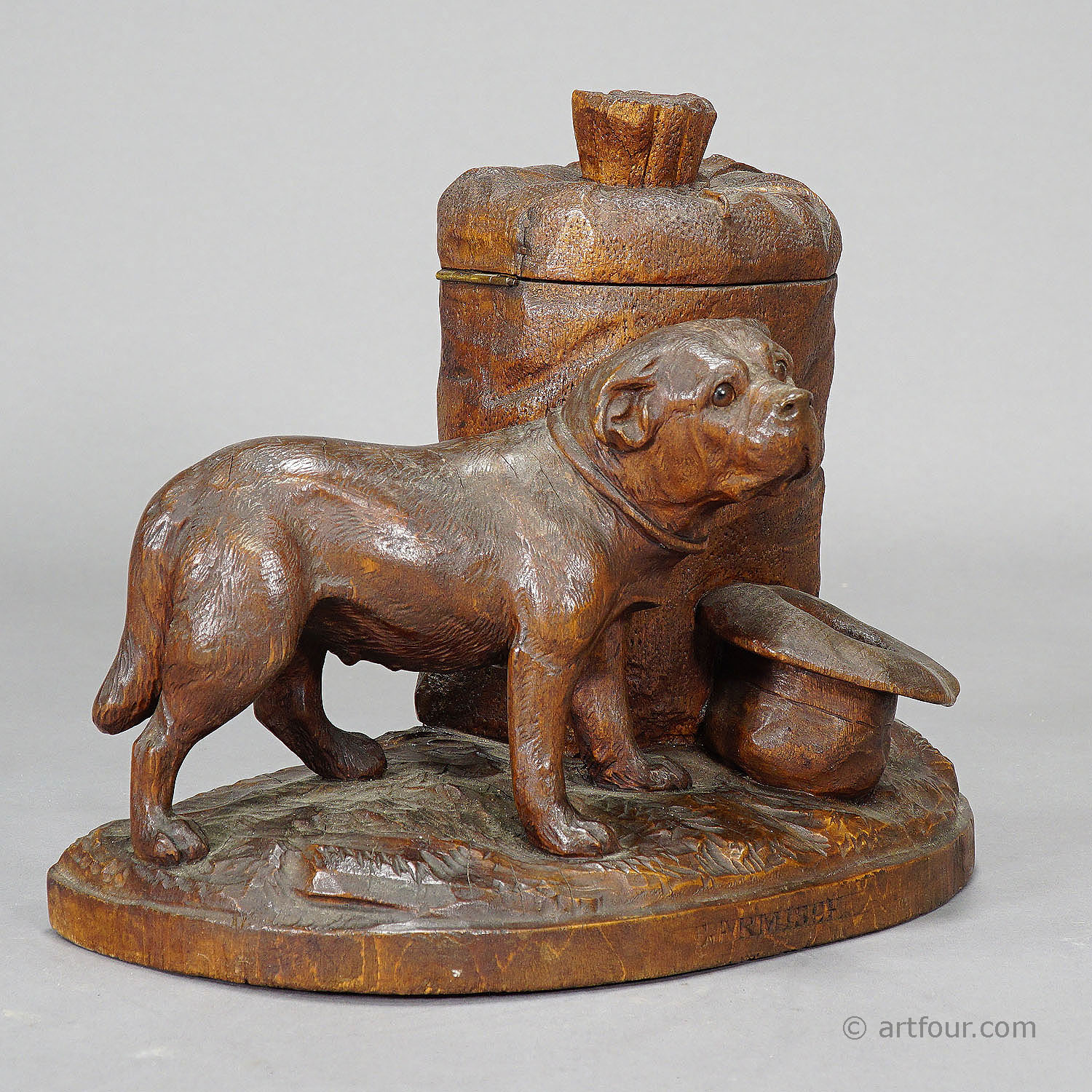 Wooden Carved Tobacco Box with Boxer, Swizerland ca. 1900