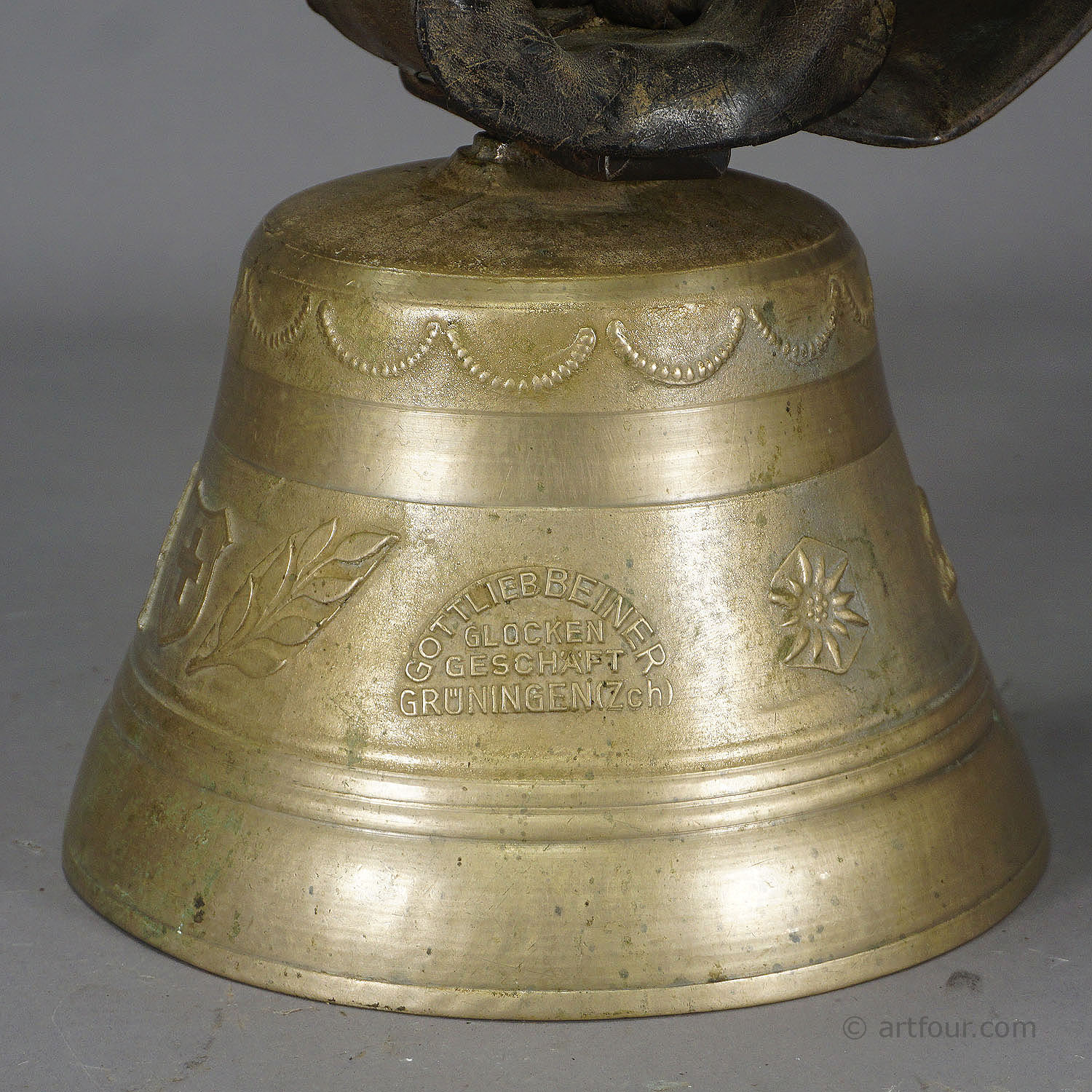large antique swiss bronze cow bell with leather strap ca. 1900