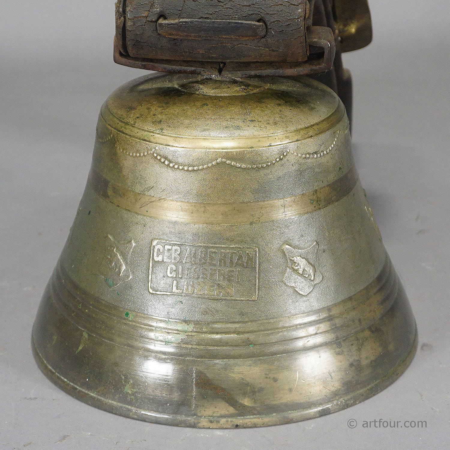Antique Swiss Casted Bronze Cow Bell with Leather Strap ca. 1900