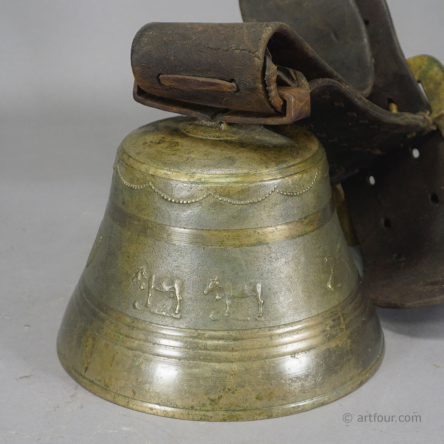 Antique Swiss Casted Bronze Cattle Bell with Leather Strap ca. 1900