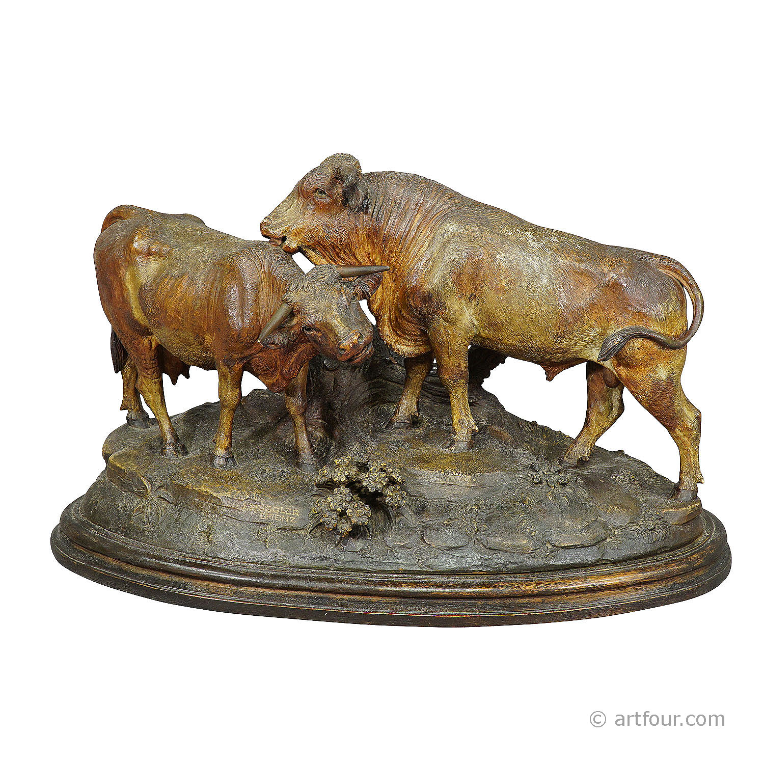 Large carved bull and cow group by Johann Huggler, Brienz ca. 1870