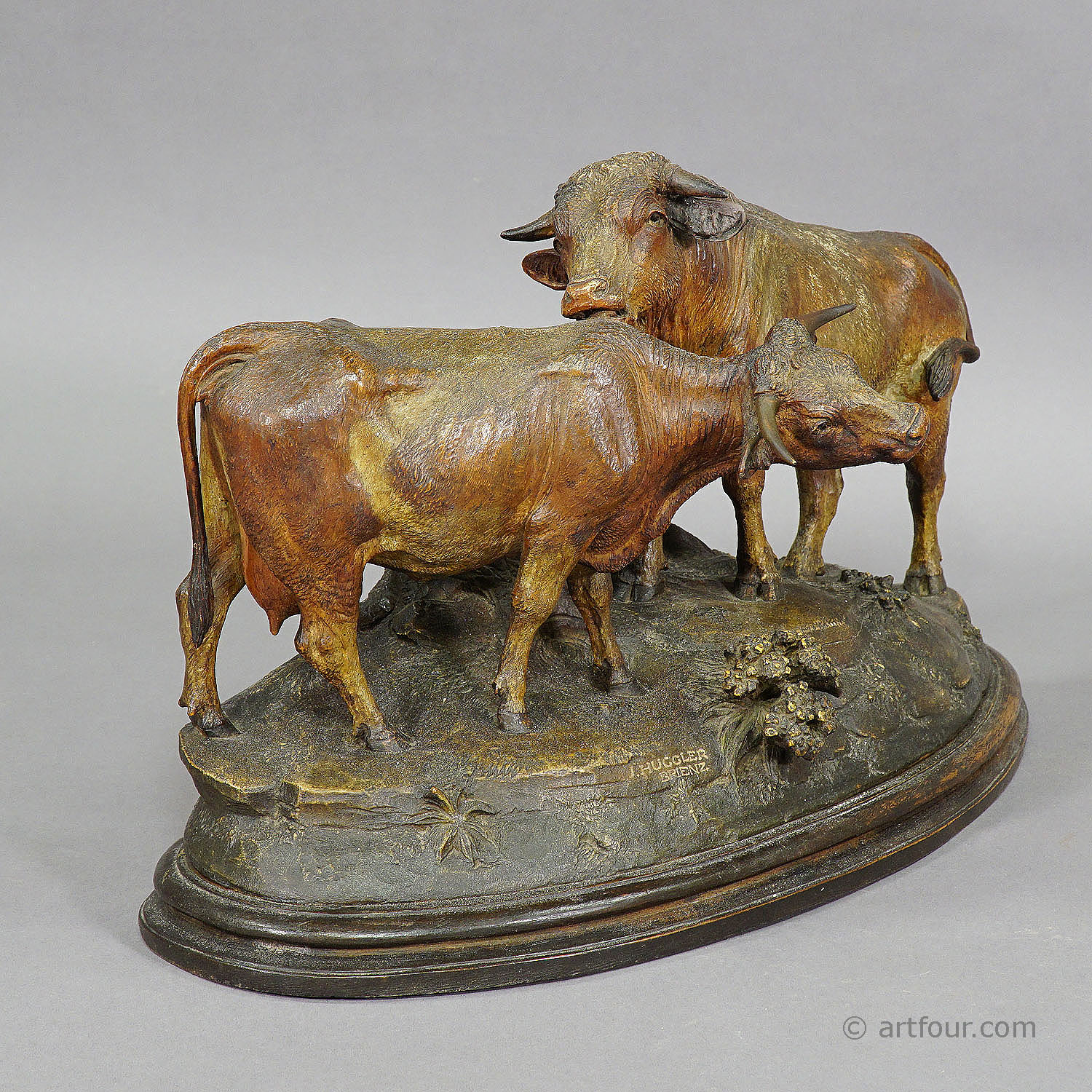 Large Carved Bull and Cattle Group by Johann Huggler, Brienz ca. 1870