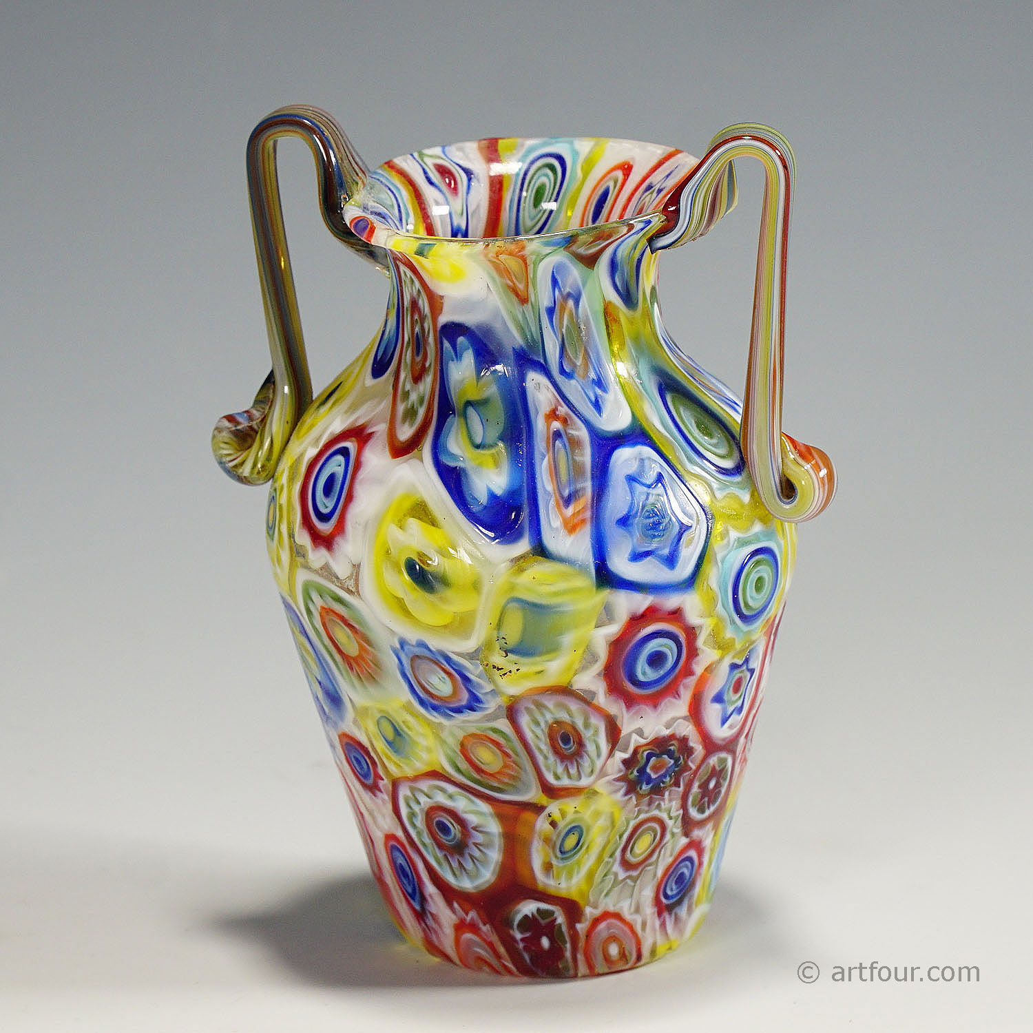 Fratelli Toso Two Handeled Millefiori Murrine Glass Vase, Murano circa 1920