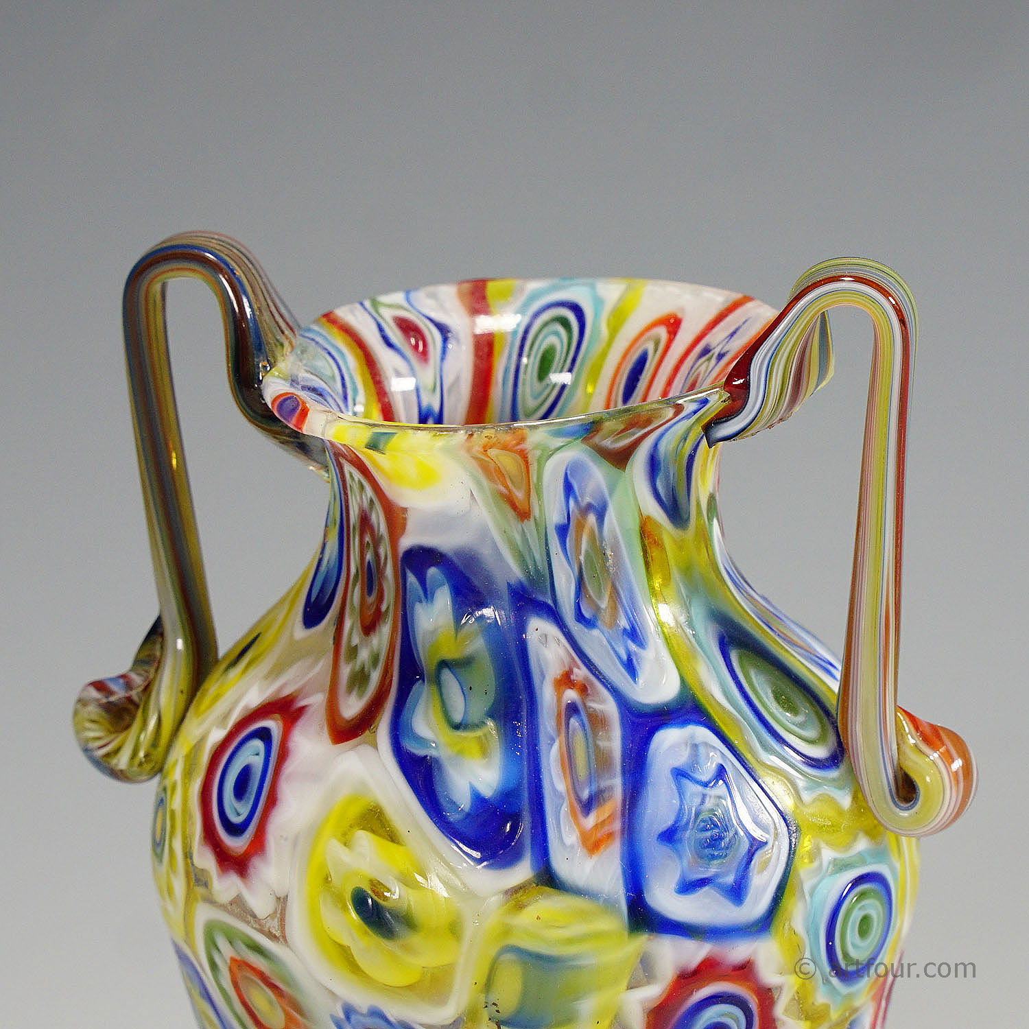 Fratelli Toso Two Handeled Millefiori Murrine Glass Vase, Murano circa 1920