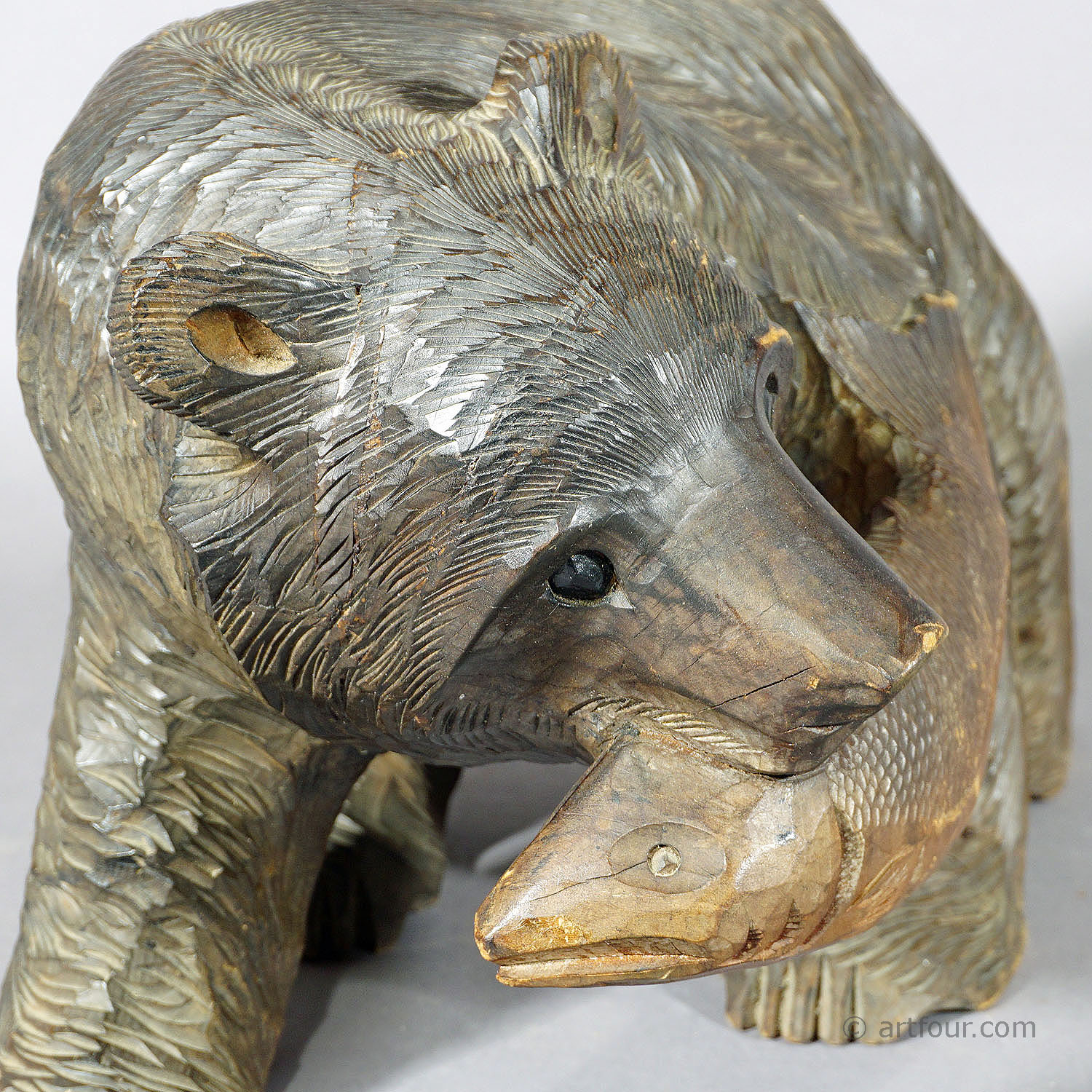 Vintage Carved Black Forest Bear with Salmon, Switzerland ca. 1960