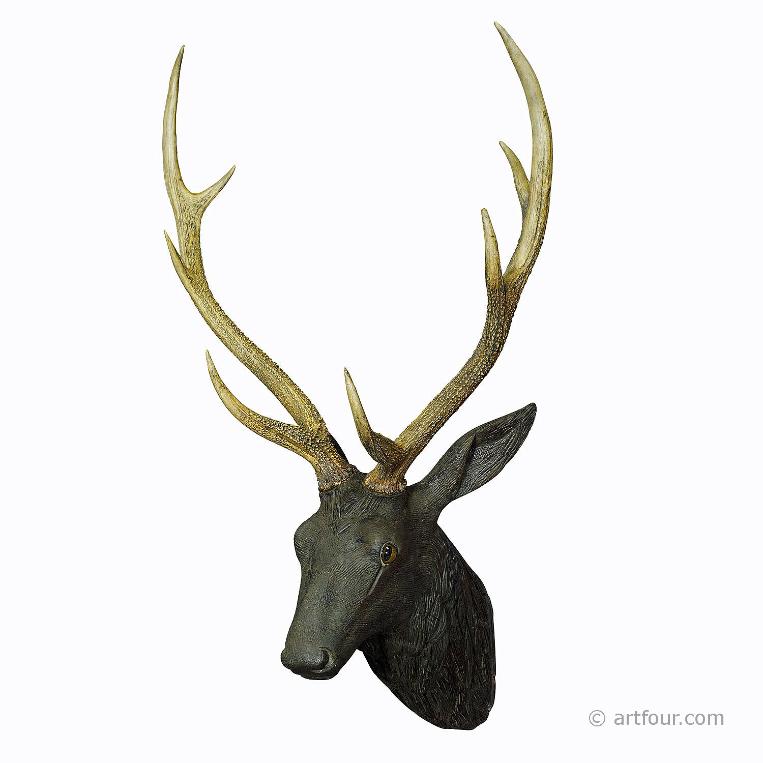 Antique Black Forest Carved Stag Head with Large Antlers ca. 1890