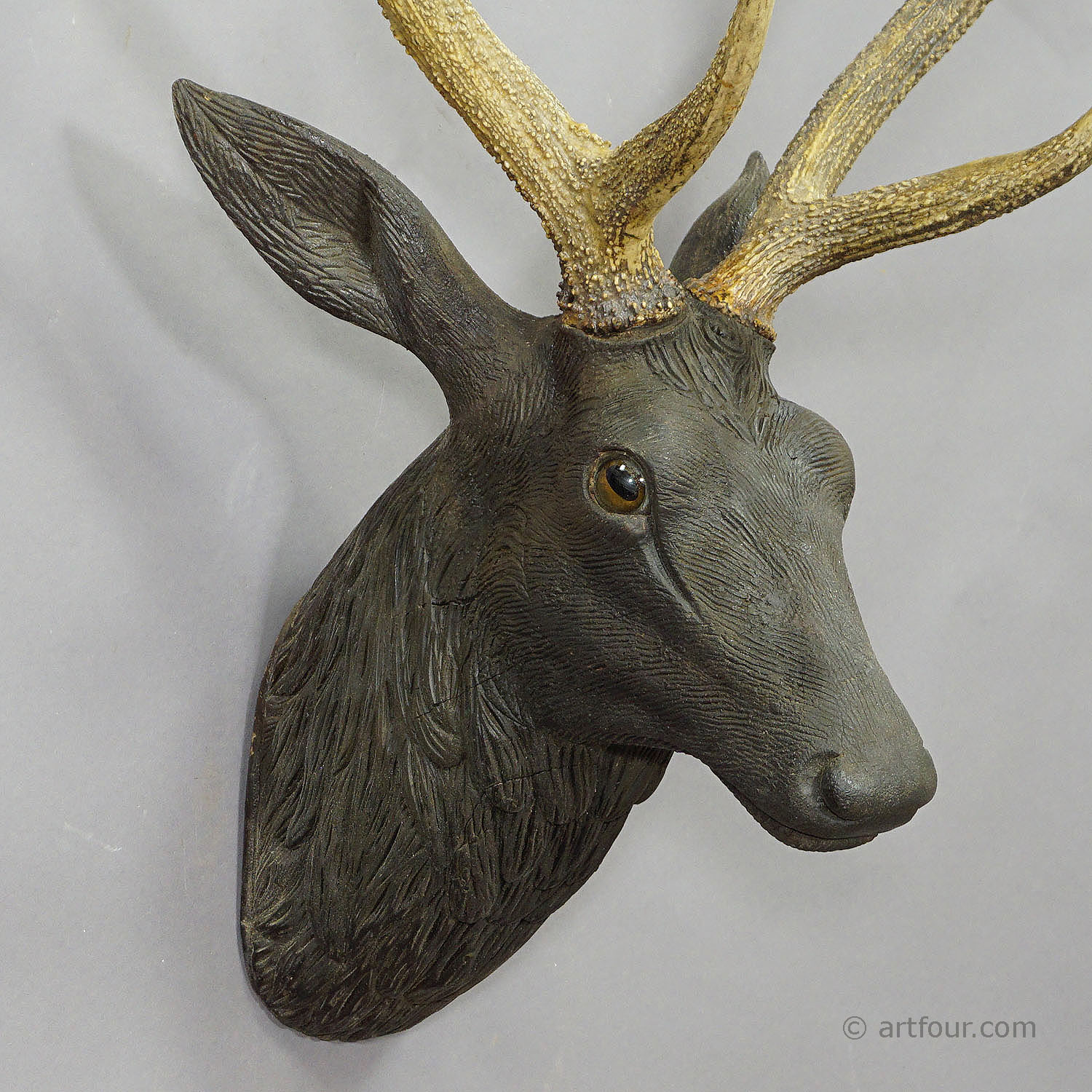 Antique Black Forest Carved Stag Head with Large Antlers ca. 1890