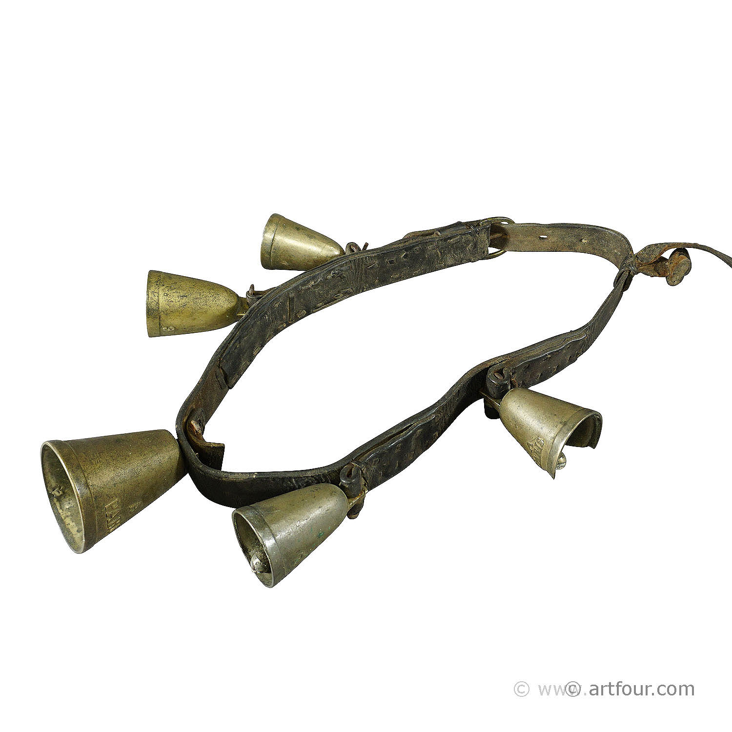Antique Leather Strap with 5 Casted Cattle Bells, Switzerland ca. 1900s