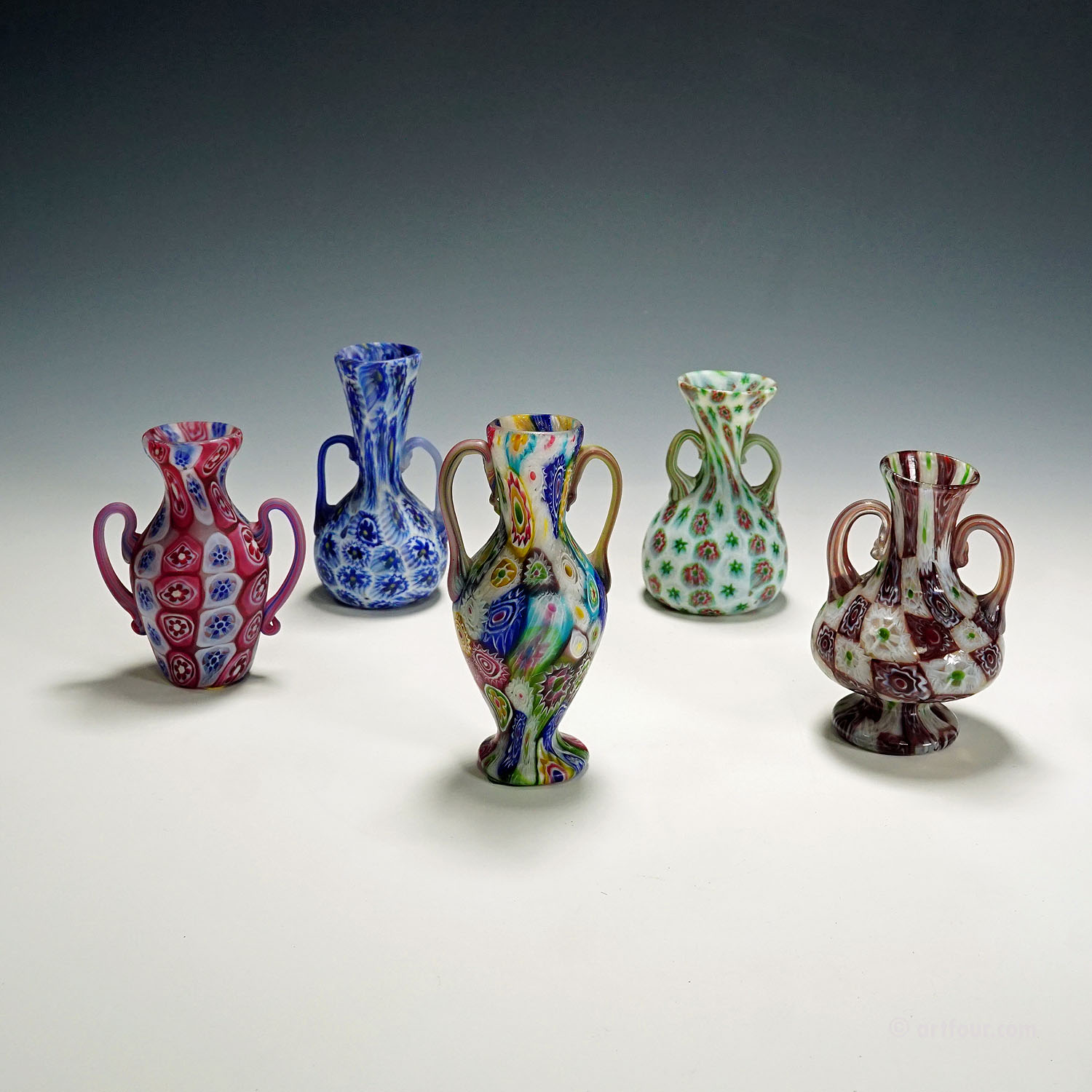 Set of Handeled Millefiori Vases by Fratelli Toso, Murano circa 1910