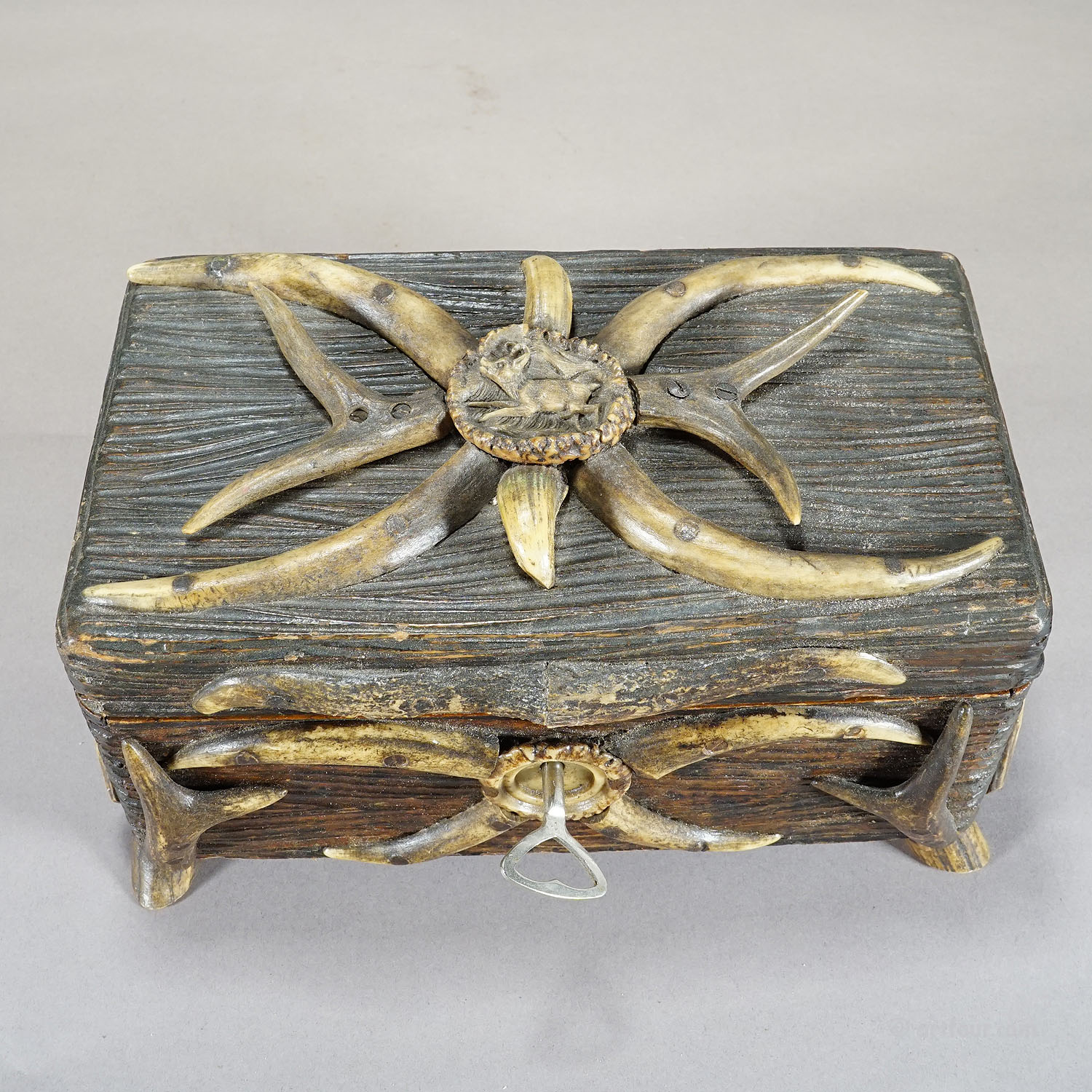 Antique Black Forest Casket with Antlers Decoration circa 1900s