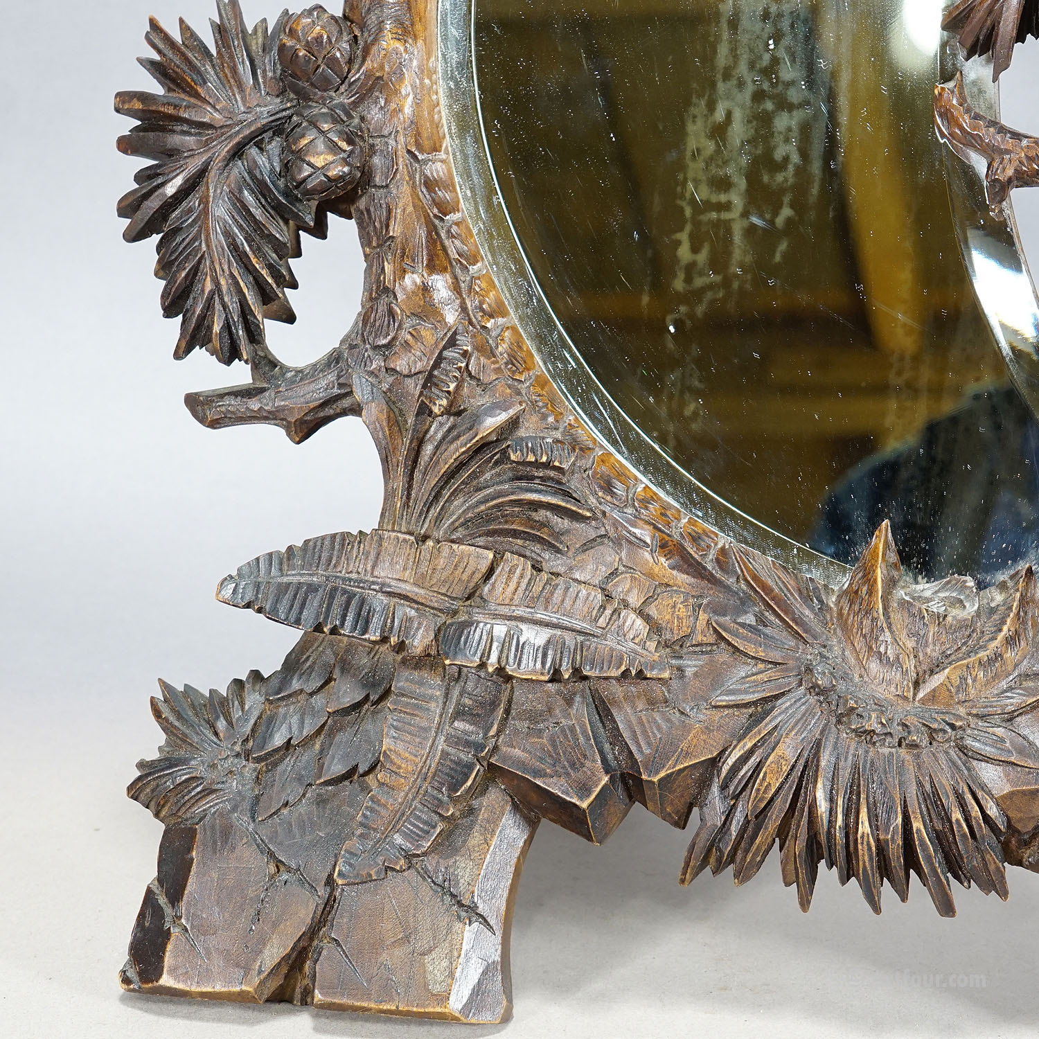 Antique Black Forest Mirror with Rustic Bear Carvings ca. 1900