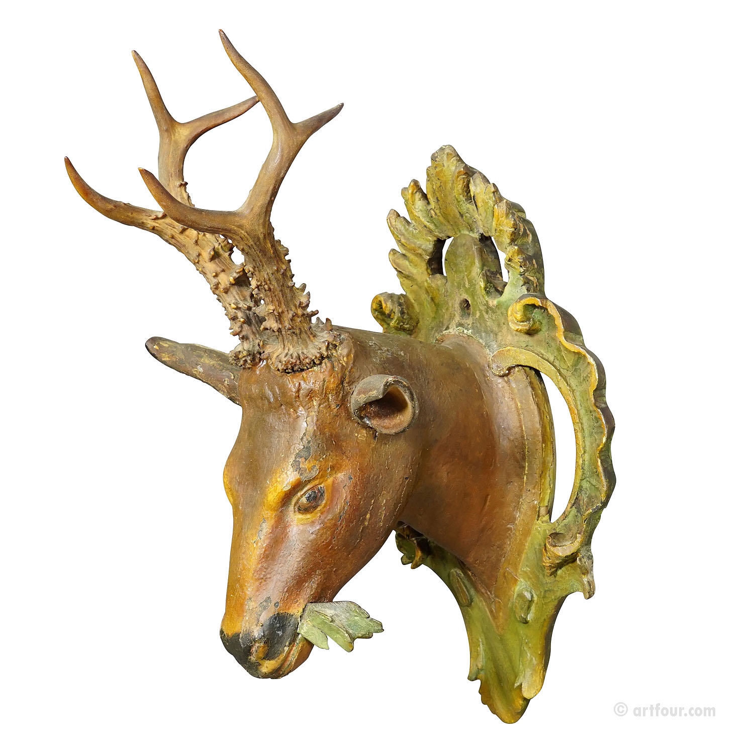 Antique Wooden Carved Black Forest Baroque Deer Head ca. 1850