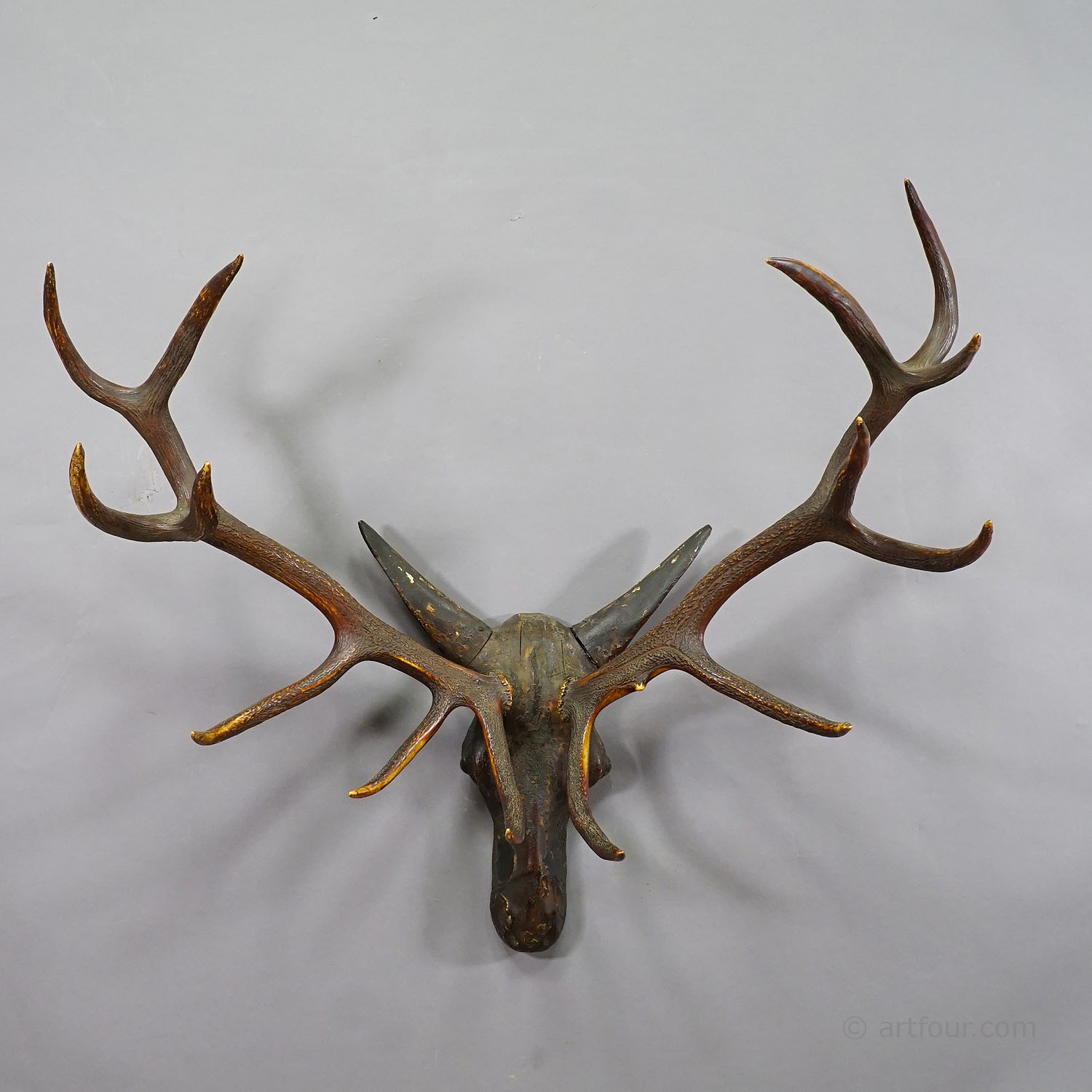 Sculptural Antique Wooden Carved Black Forest Baroque Deer Head