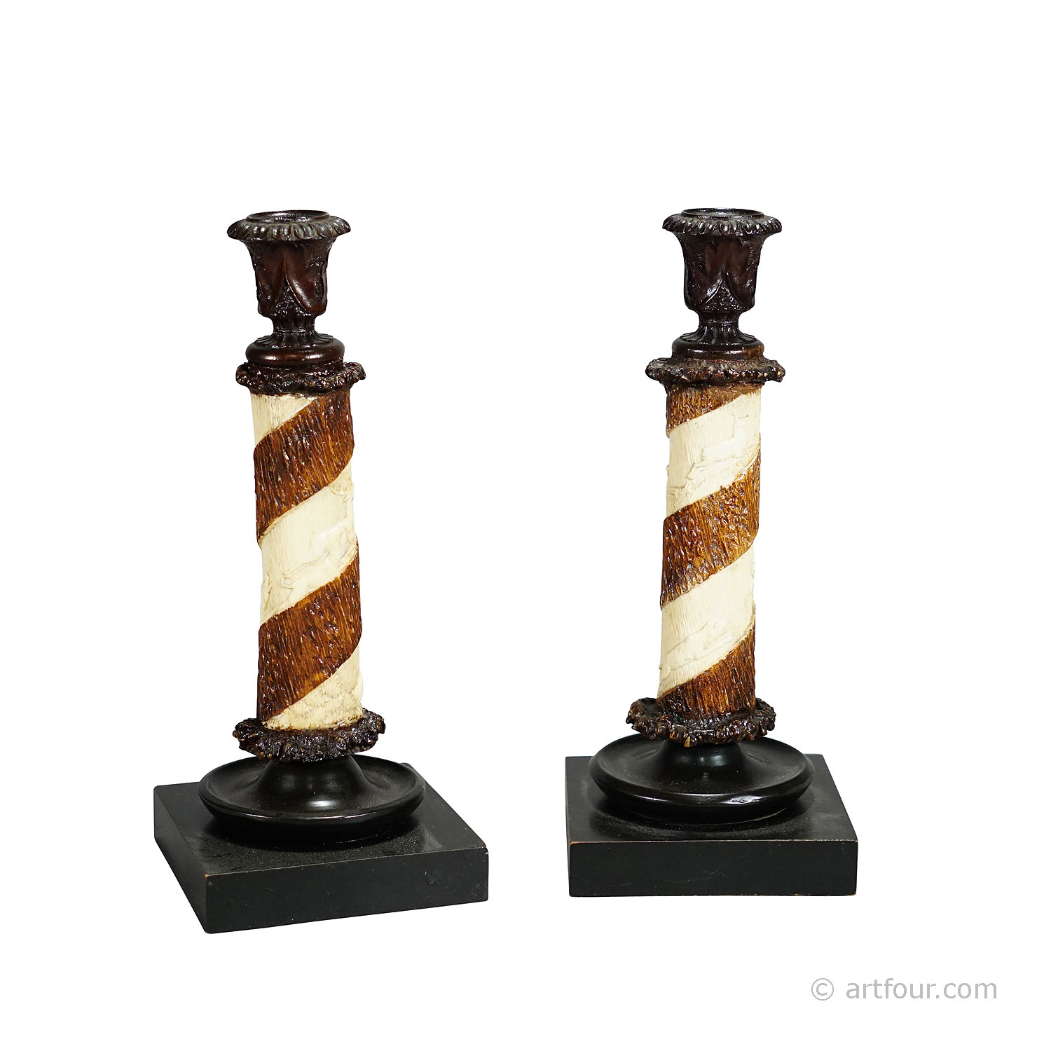 Pair of Victorian Antler Candle Holders with Fine Carvings, Germany ca. 1880