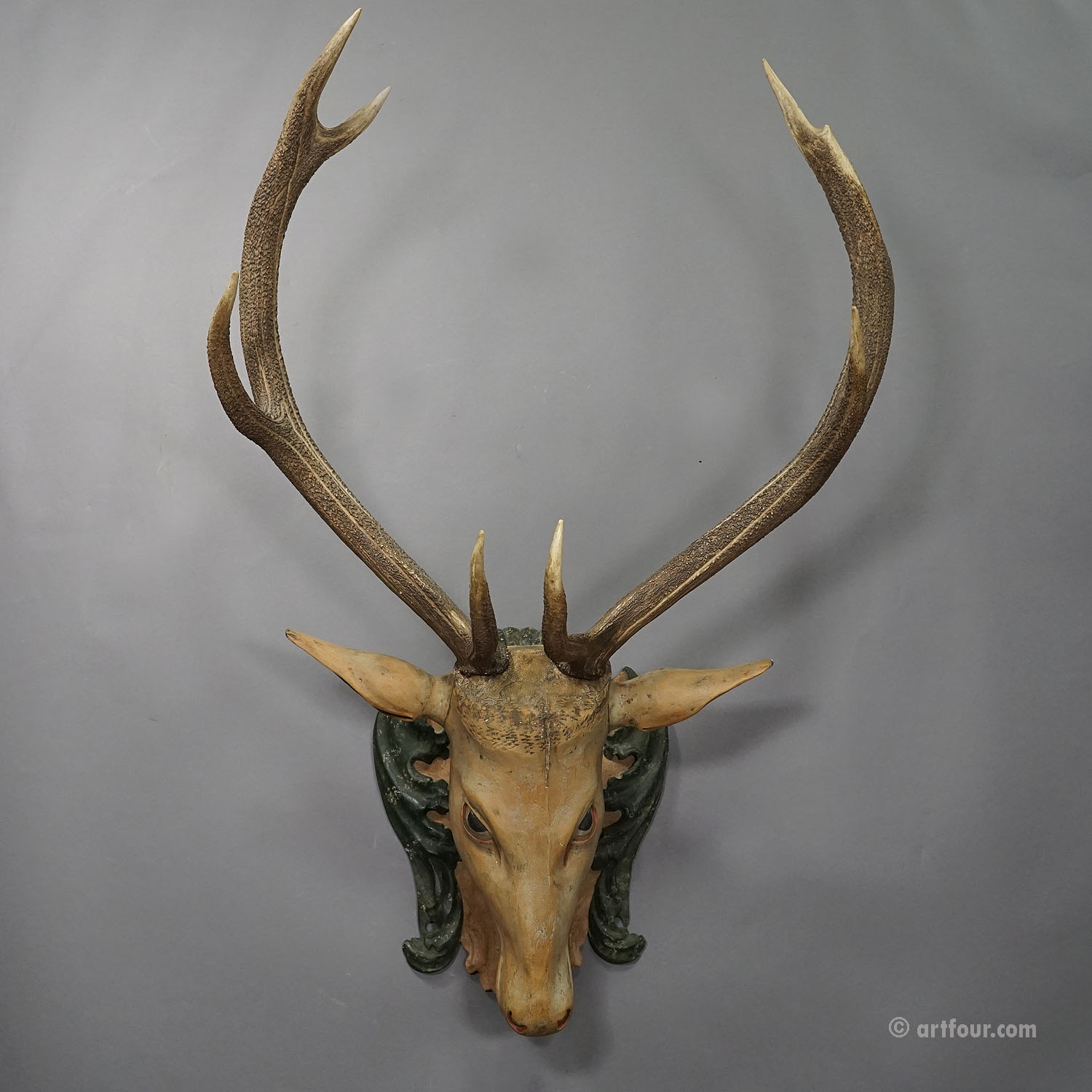 Large Antique Wooden Carved Black Forest Baroque Stag Head with 10 Point Trophy