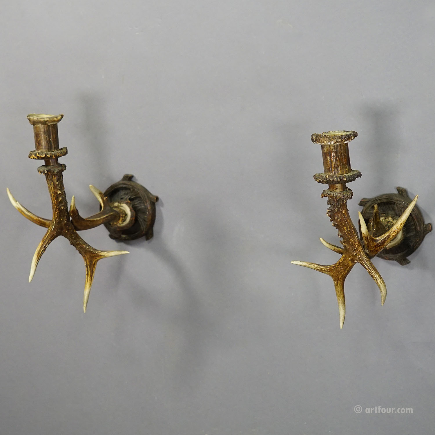 A Pair Black Forest Candle Sconces with Deer Horns, Germany ca. 1900