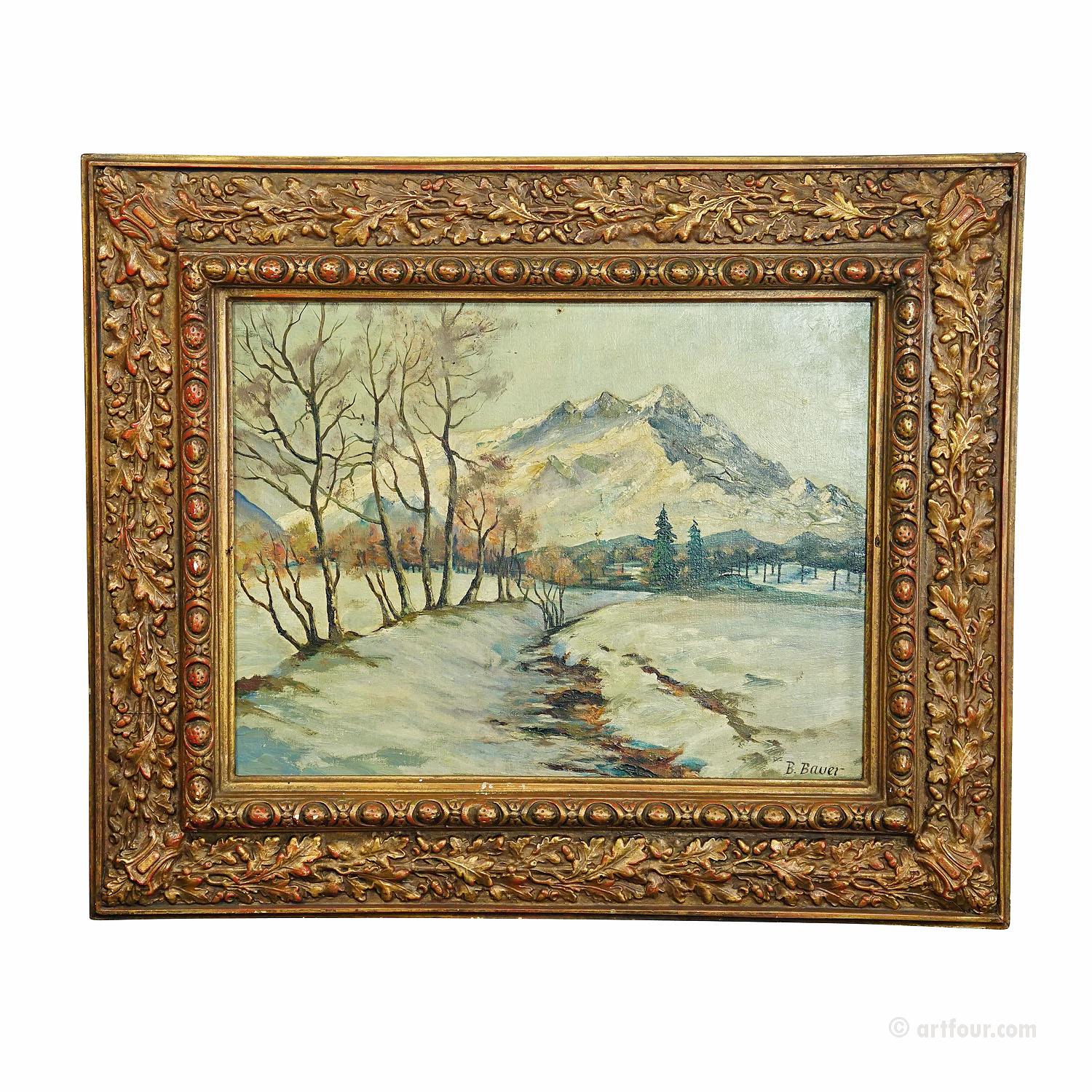B. Bauer - Oil Painting Alpine Winter Landscape early 20th century