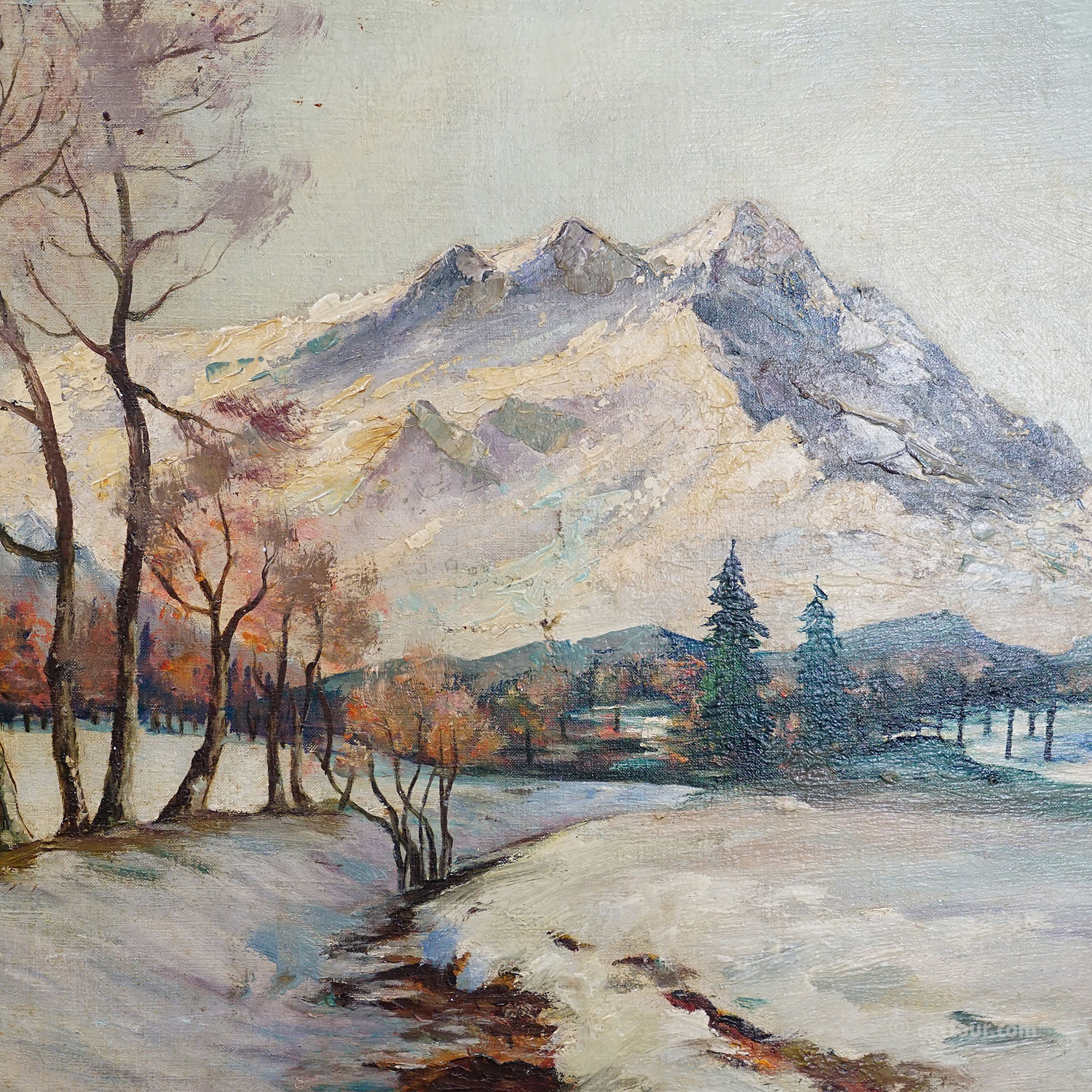 B. Bauer - Oil Painting Alpine Winter Landscape early 20th century