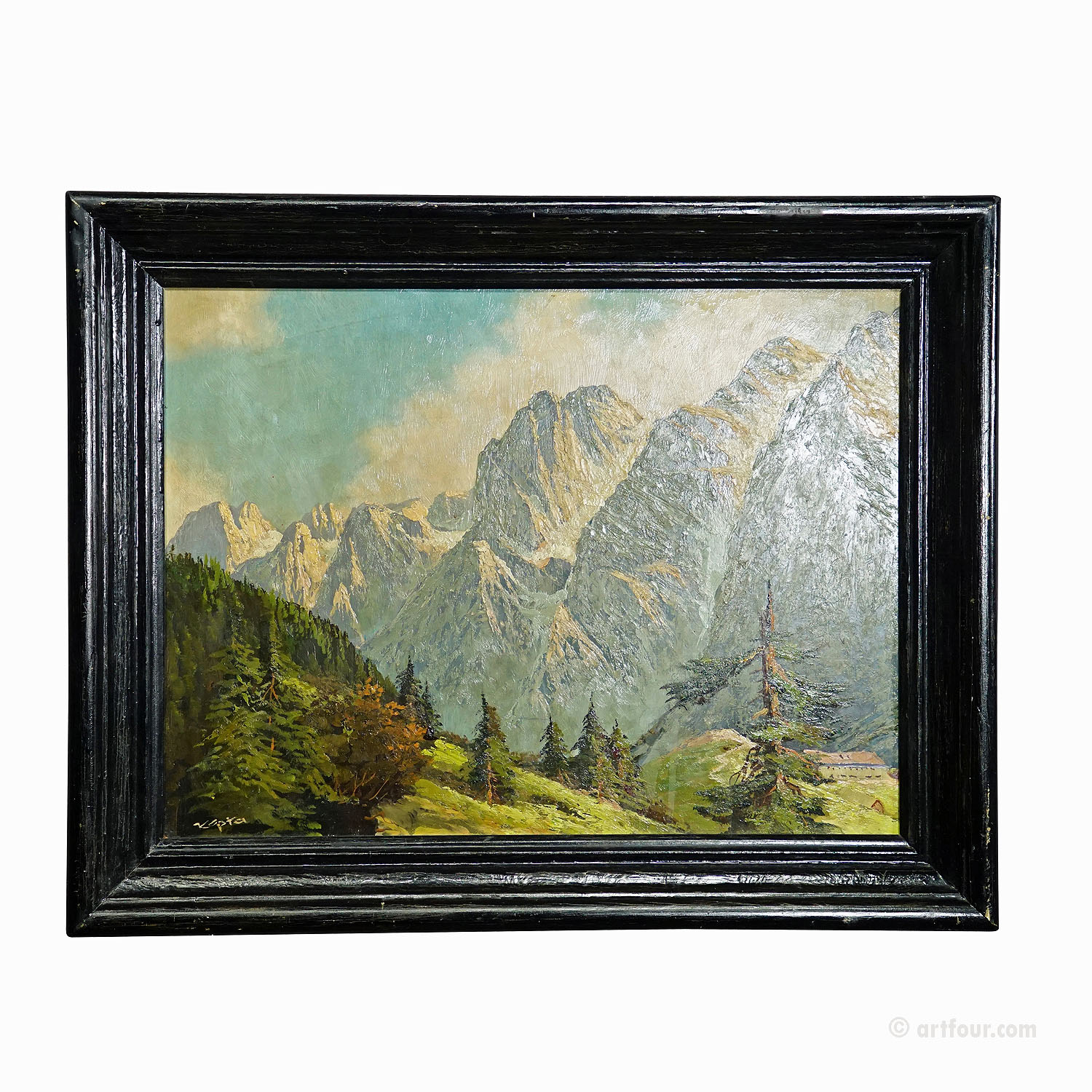 Summerly High Mountain Landscape, Oil on Board Painting, late 19th century